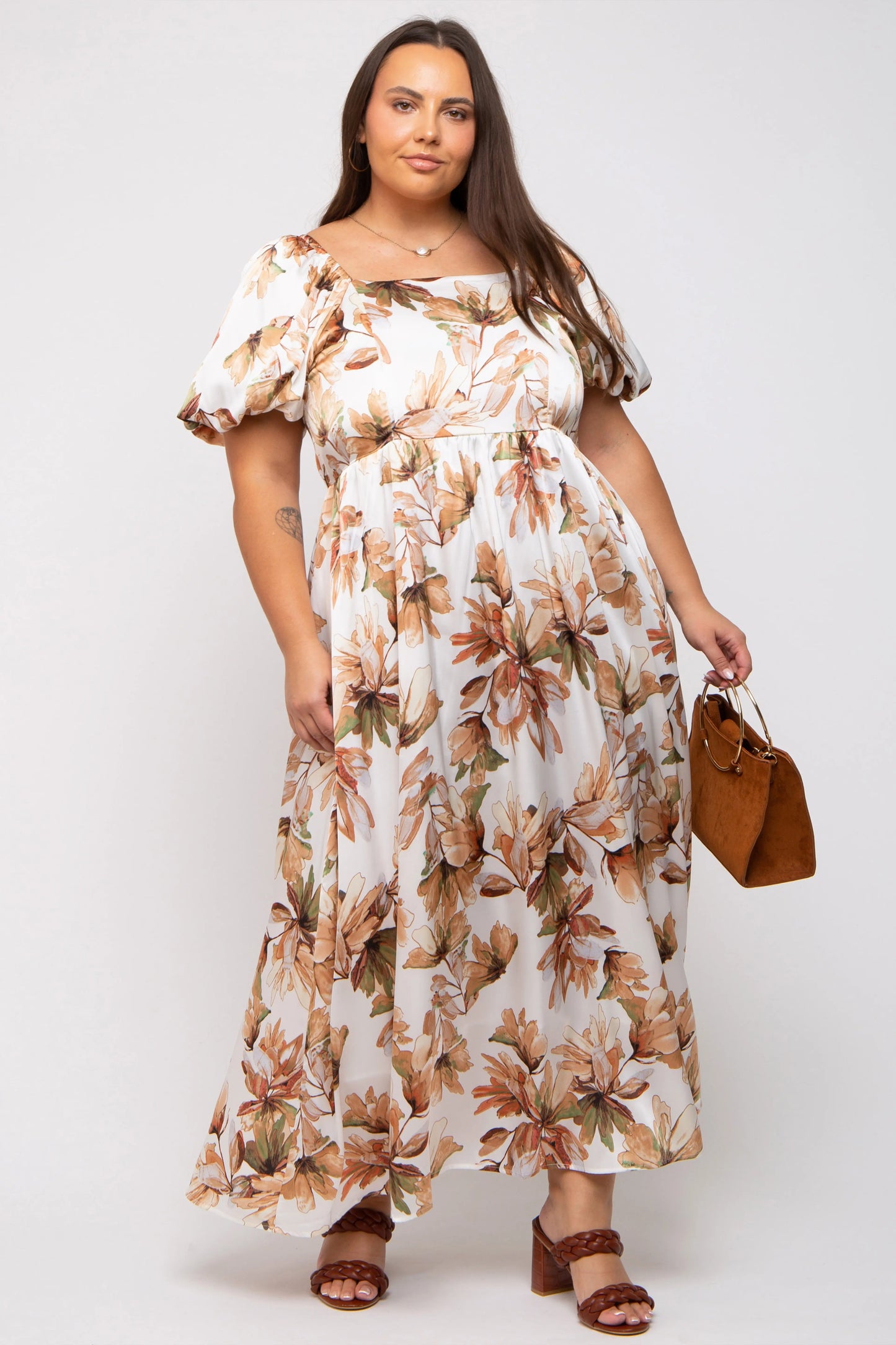 Cream Floral Satin Puff Sleeve Maternity Plus Maxi Dress PinkBlush