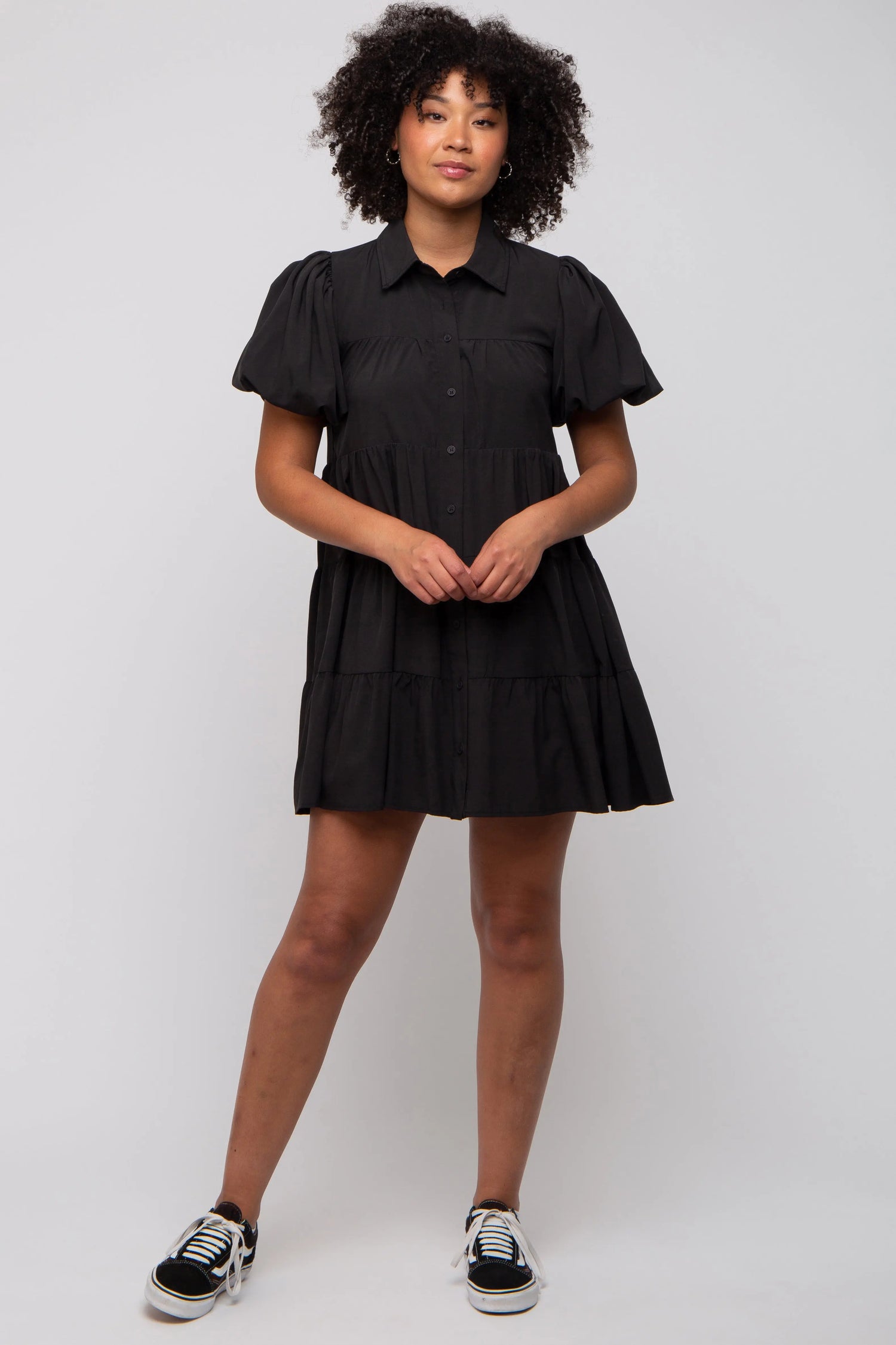 PinkBlush Chic Black Mini Shirt Dress with Puff Sleeves for Fashion Enthusiasts - Apparel & Accessories > Clothing > Dresses Apparel & Accessories > Clothing > Dresses