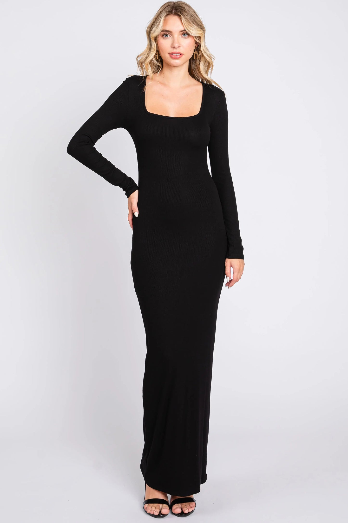 Black Ribbed Long Sleeve Square Neck Maternity Maxi Dress PinkBlush