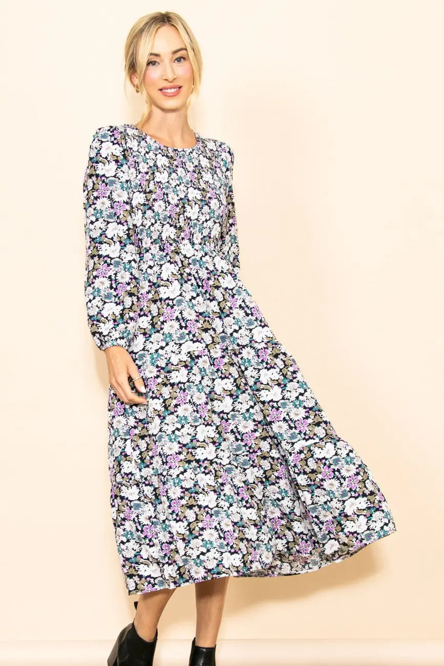 PinkBlush Elegant Floral Maternity Midi Dress with Side Pockets for Expecting Moms - Apparel & Accessories > Clothing > Dresses