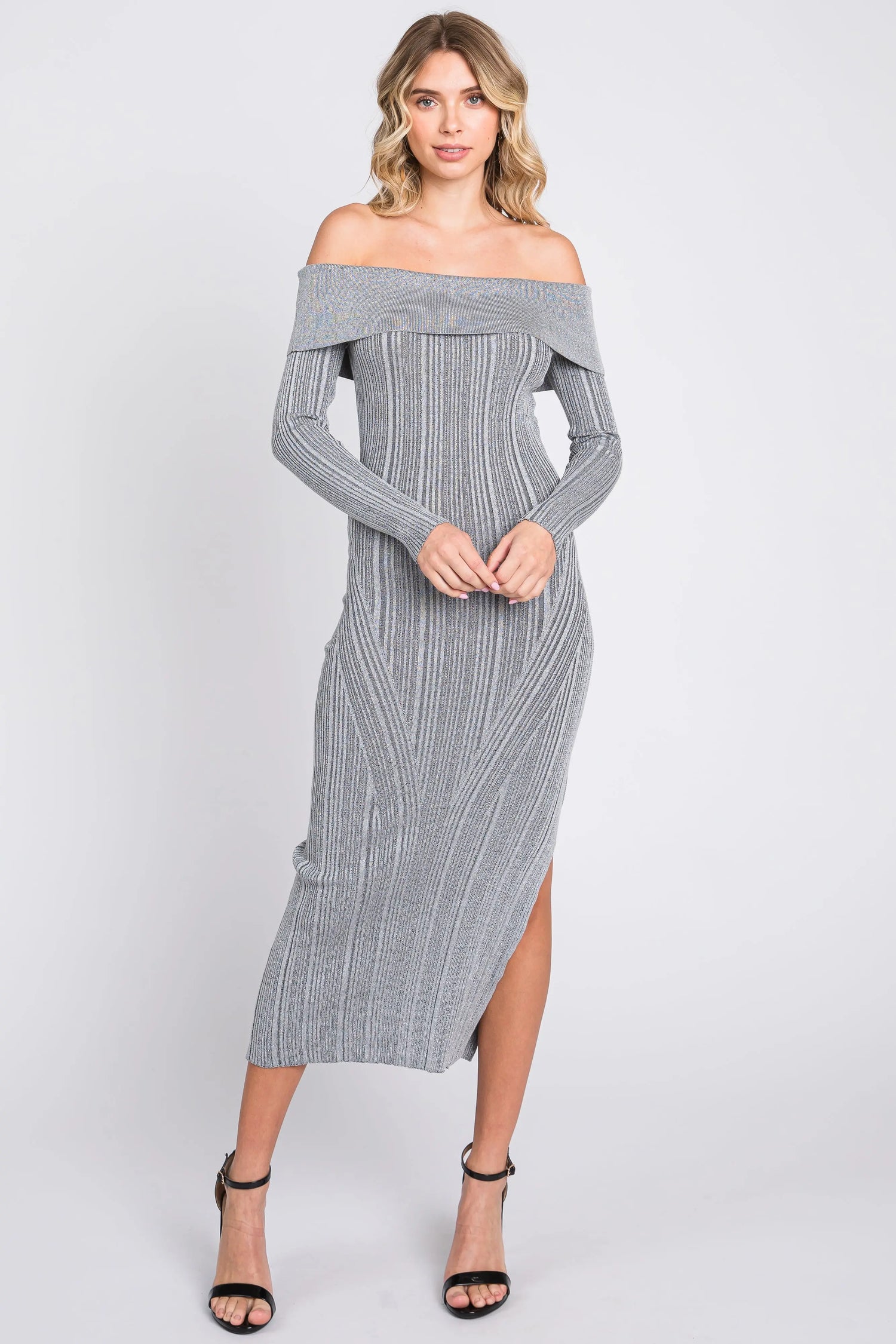 PinkBlush Elegant Grey Metallic Ribbed Off Shoulder Midi Dress with Side Slit for Fashionable Women - Apparel & Accessories > Clothing > Dresses