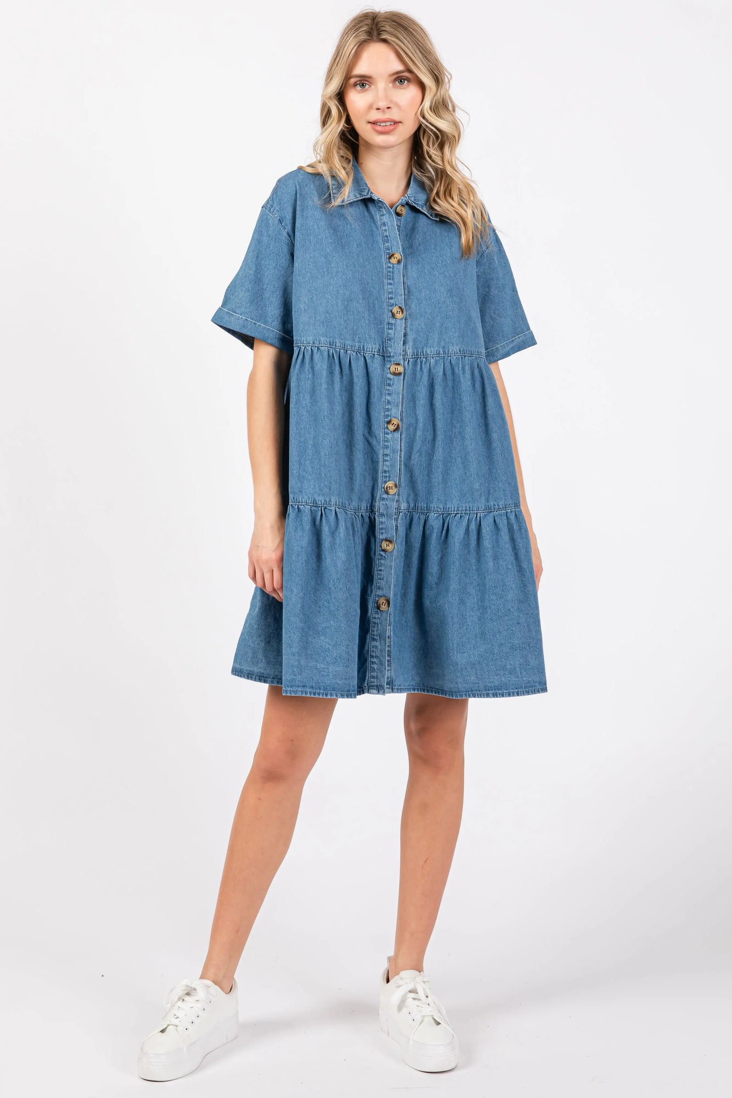 Blue Denim Button Down Tiered Dress PinkBlush