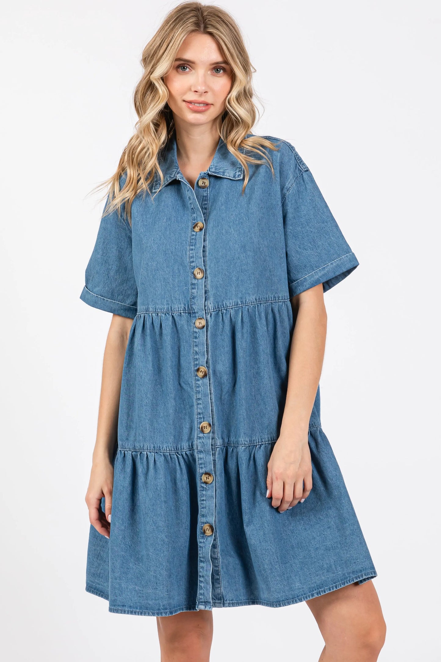 Blue Denim Button Down Tiered Dress PinkBlush