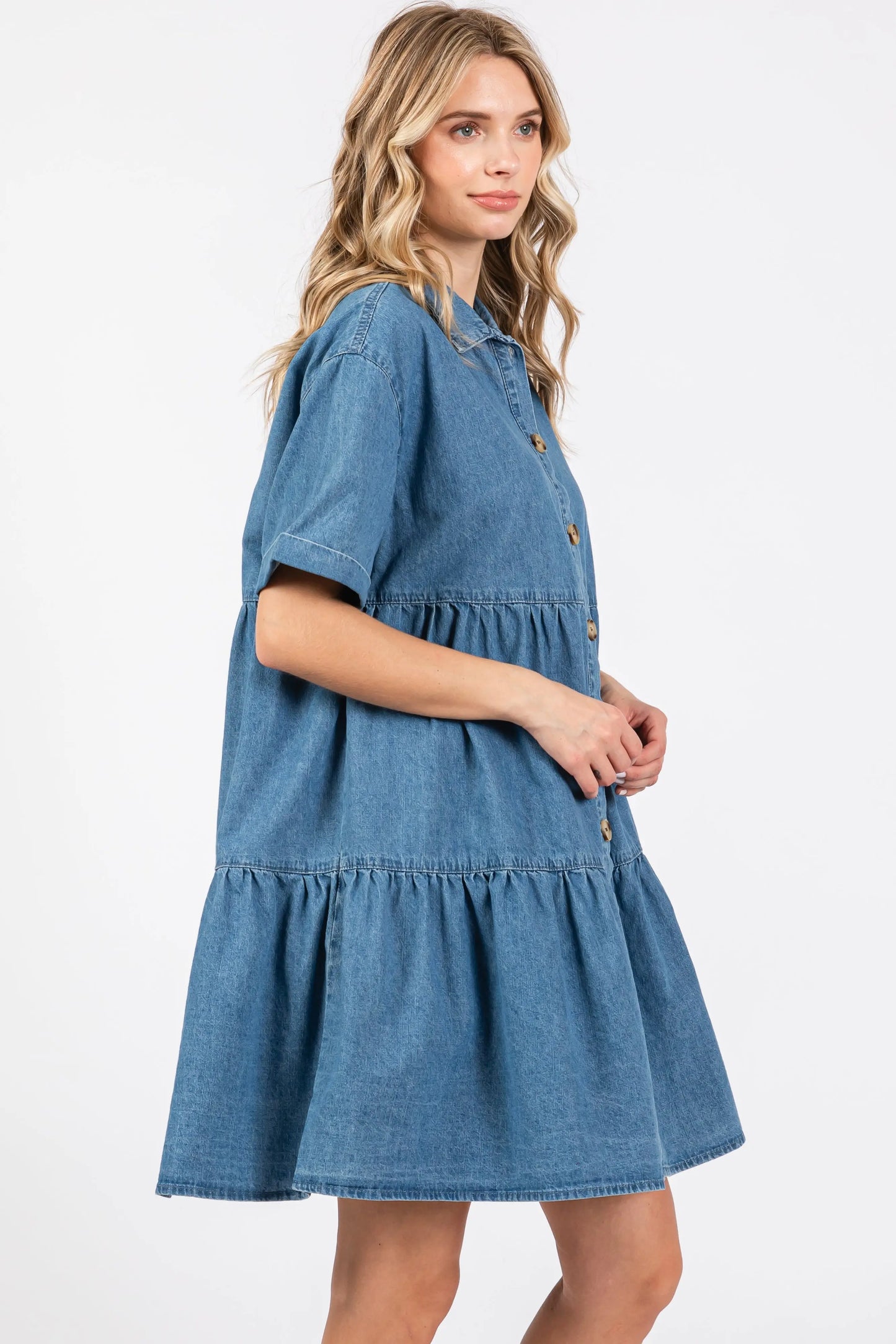 Blue Denim Button Down Tiered Dress PinkBlush