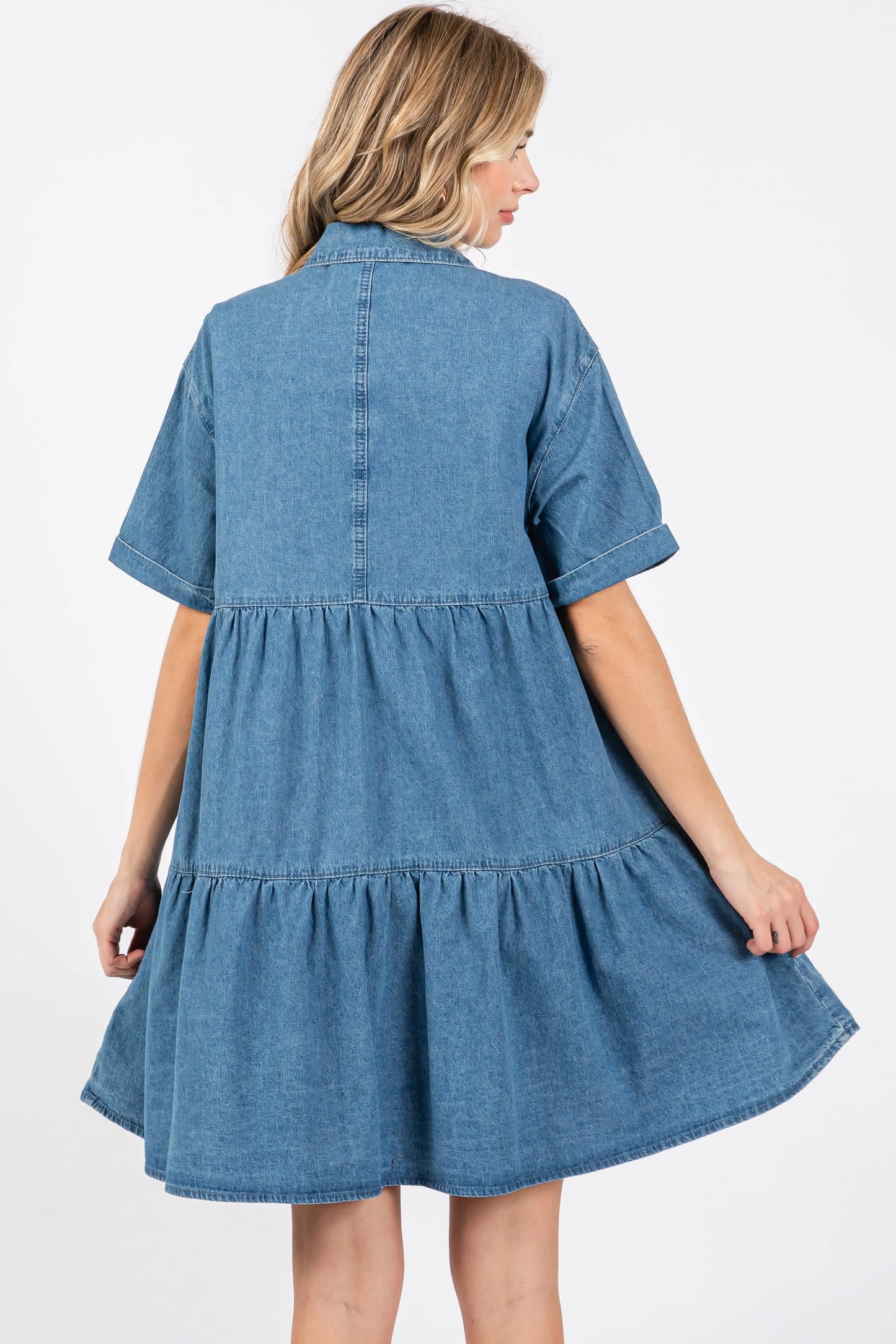 Blue Denim Button Down Tiered Dress PinkBlush