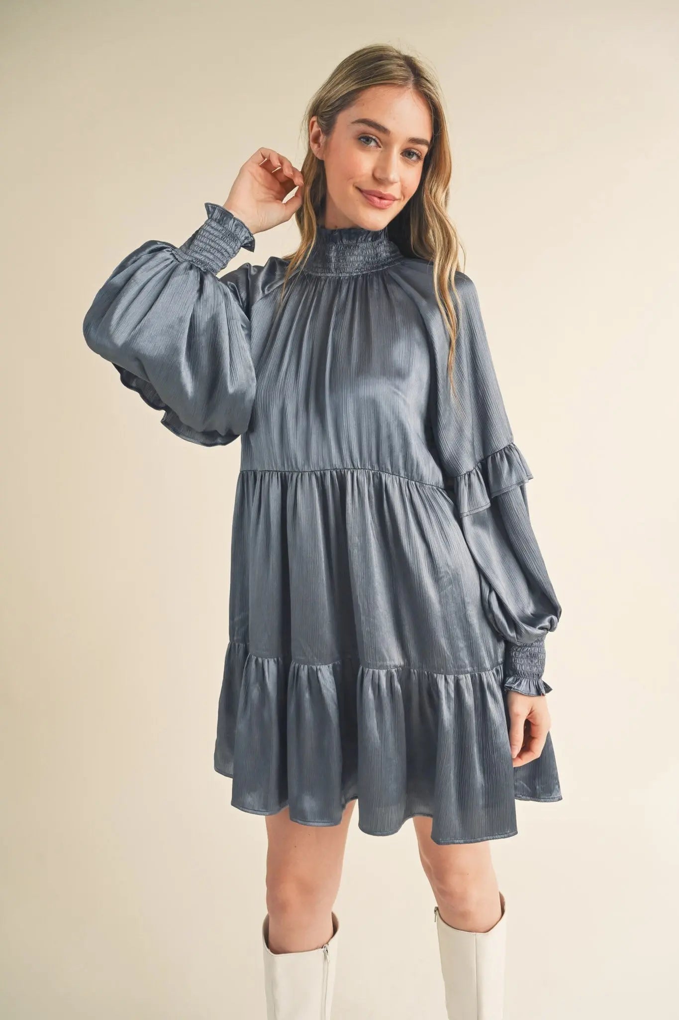 Dusty Denim Blue Mock Neck Tiered Mini Dress PinkBlush