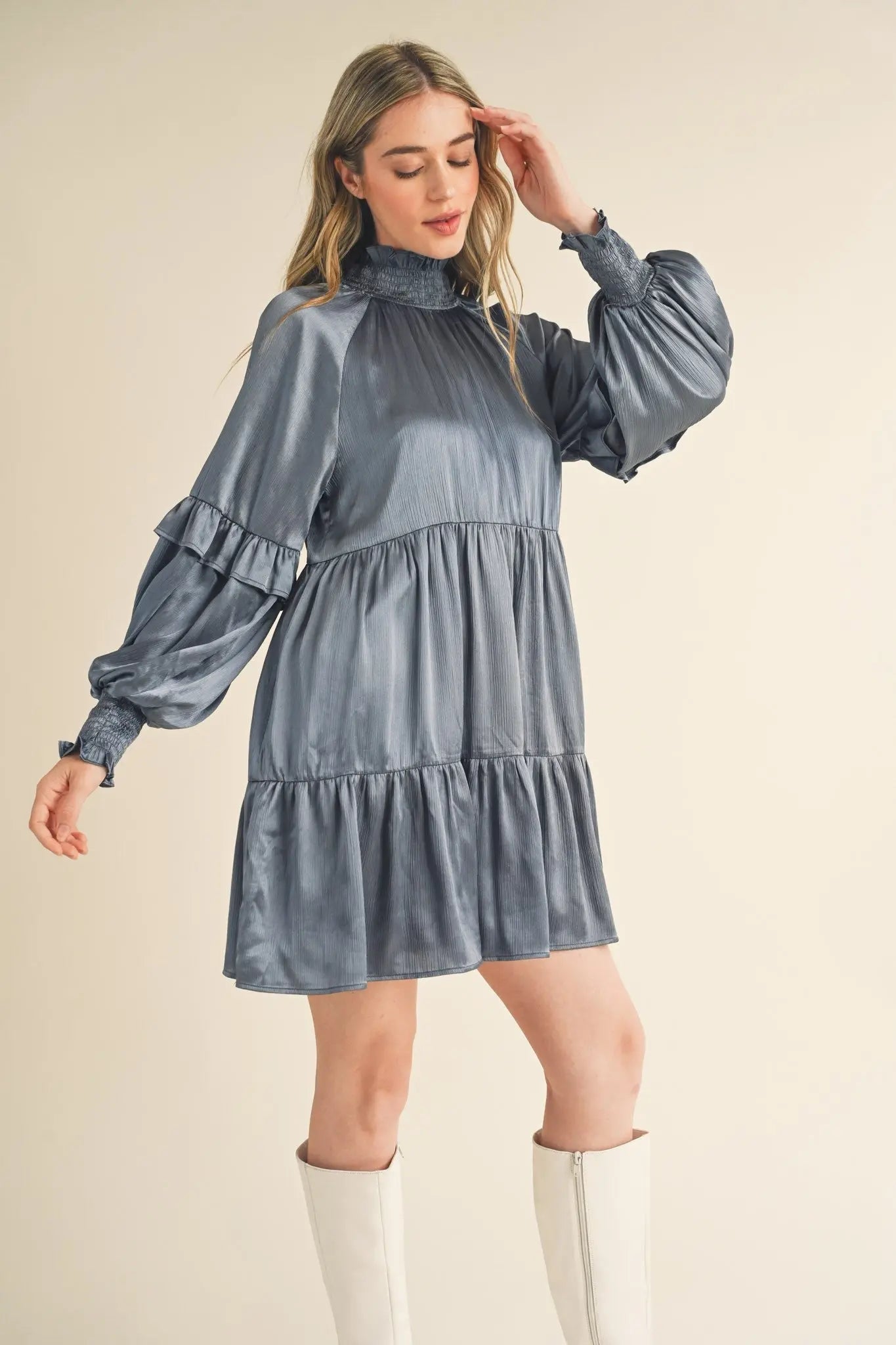 Dusty Denim Blue Mock Neck Tiered Mini Dress PinkBlush