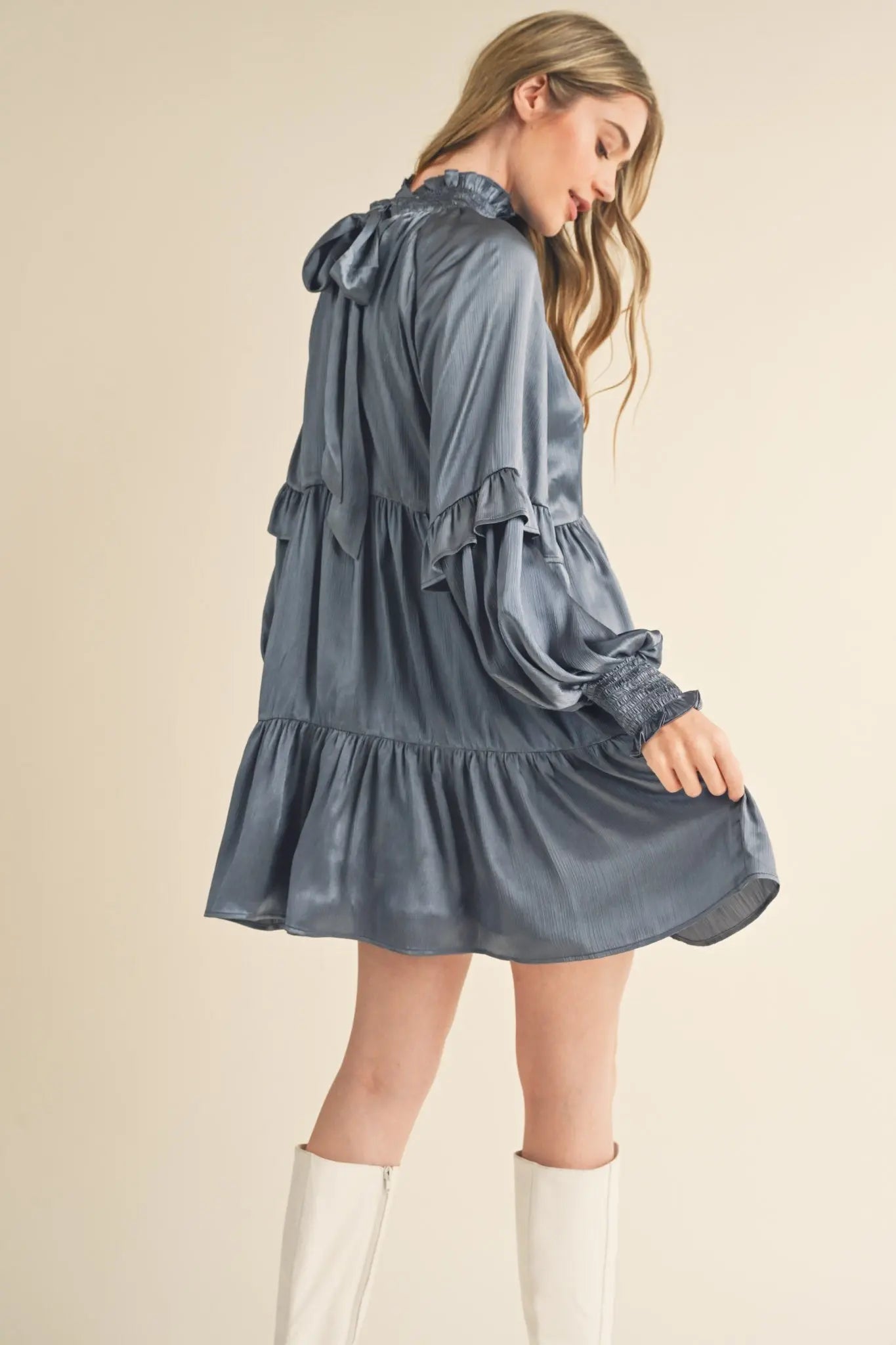 Dusty Denim Blue Mock Neck Tiered Mini Dress PinkBlush