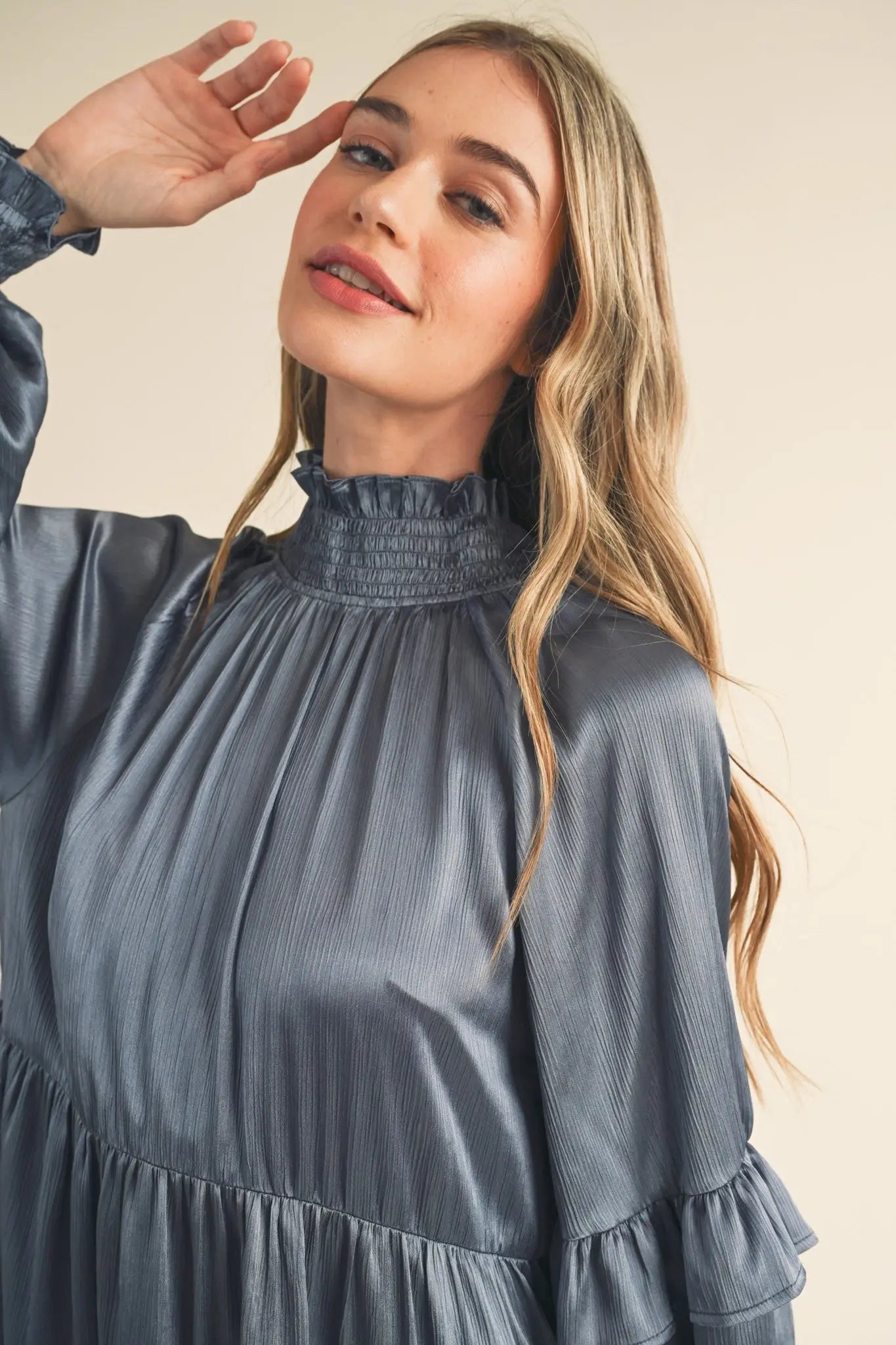 Dusty Denim Blue Mock Neck Tiered Mini Dress PinkBlush