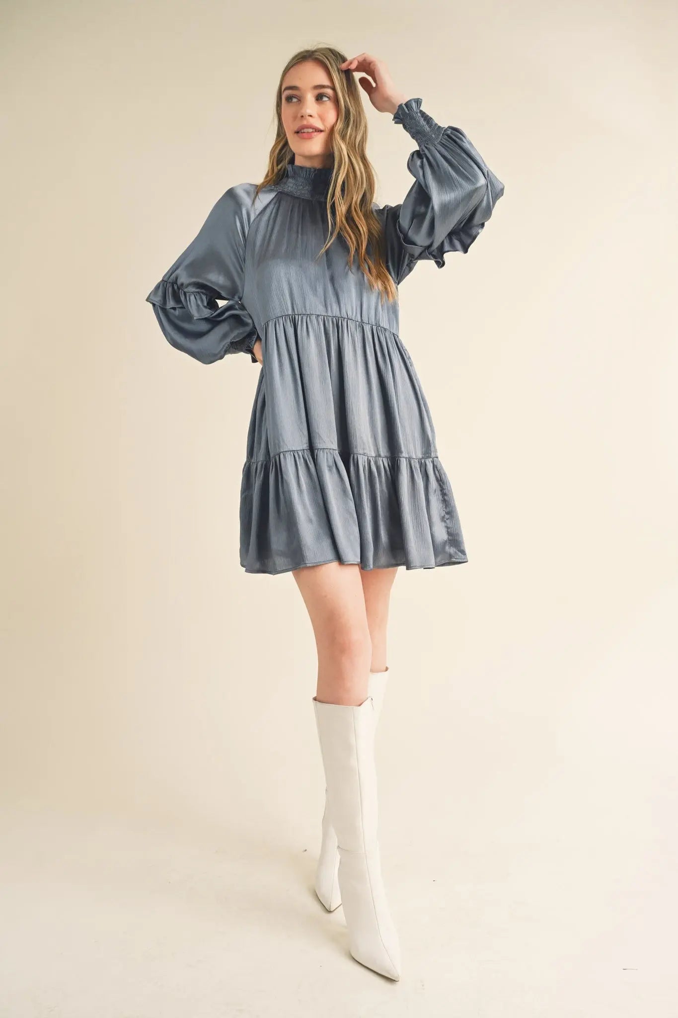 Dusty Denim Blue Mock Neck Tiered Mini Dress PinkBlush
