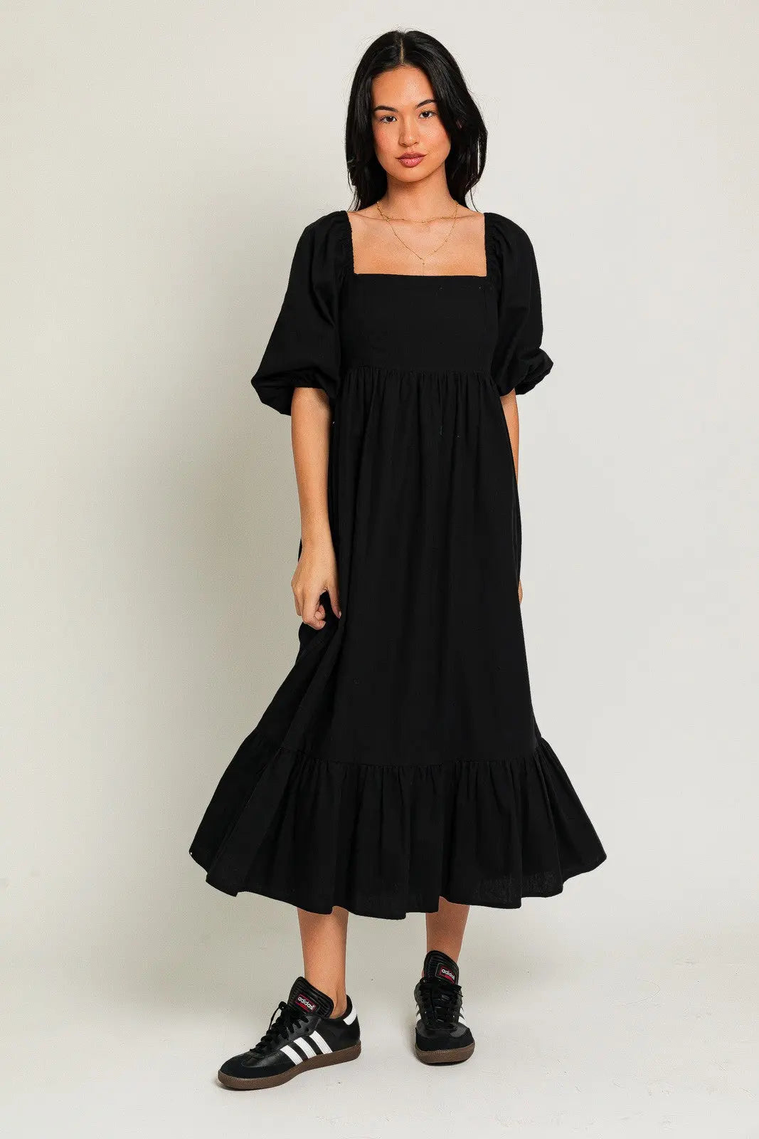 Black Square Neck Puff Sleeve Midi Dress With Smocked Back And Ruffle Hem PinkBlush