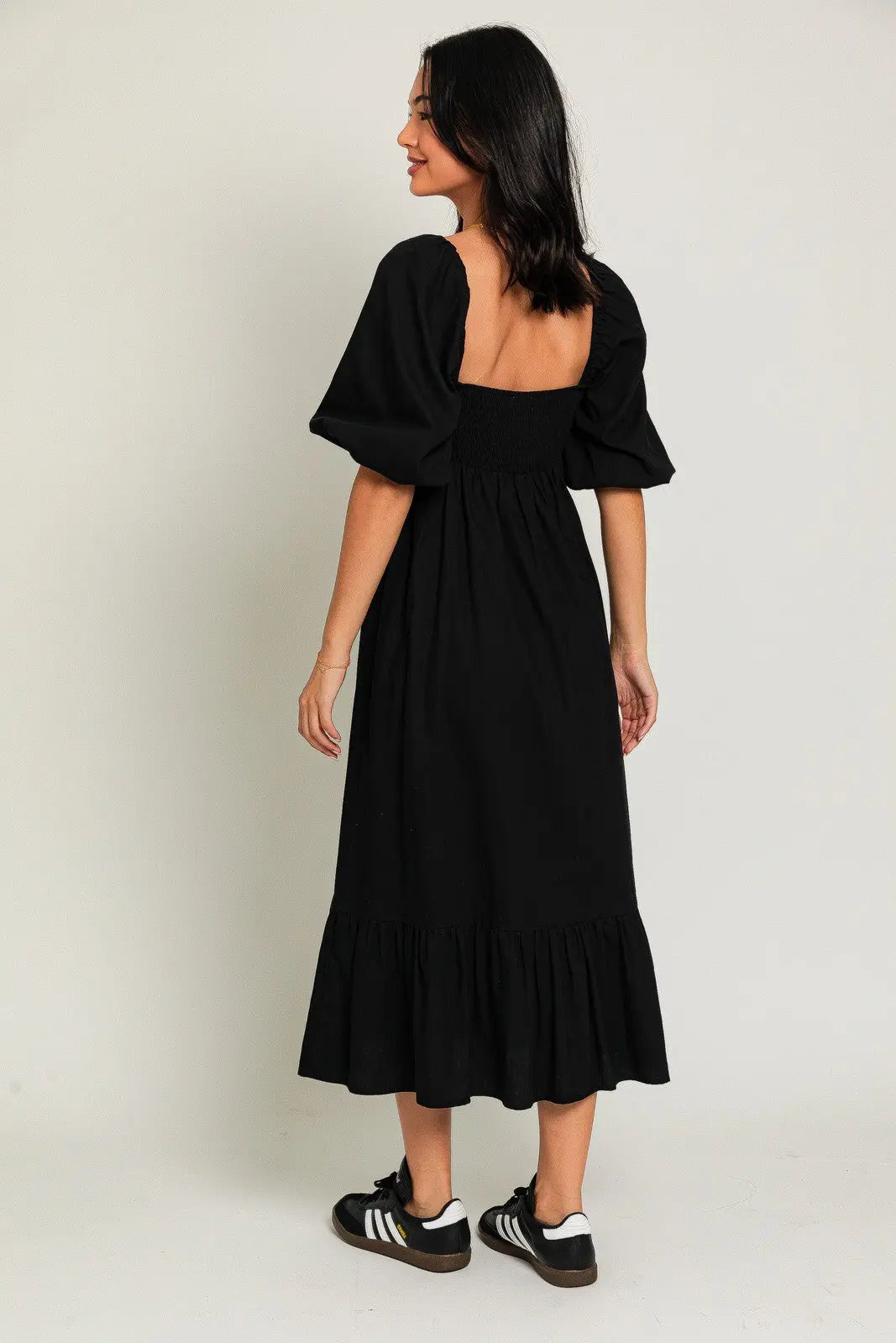 Black Square Neck Puff Sleeve Midi Dress With Smocked Back And Ruffle Hem PinkBlush
