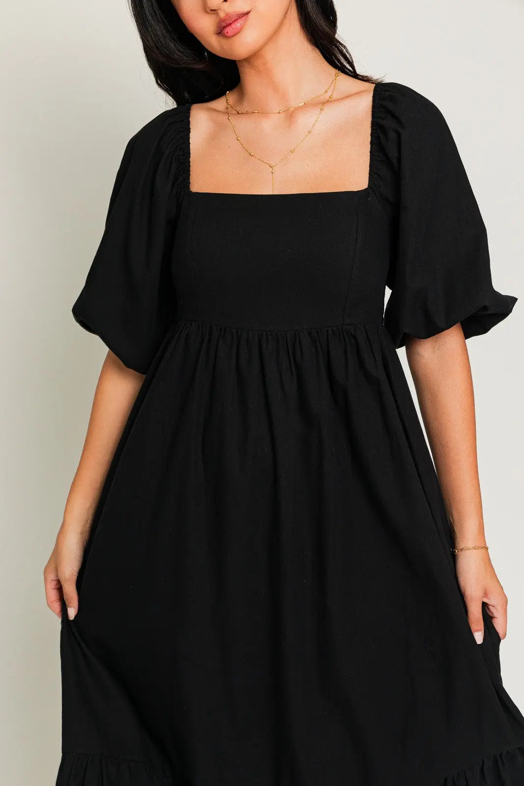 Black Square Neck Puff Sleeve Midi Dress With Smocked Back And Ruffle Hem PinkBlush