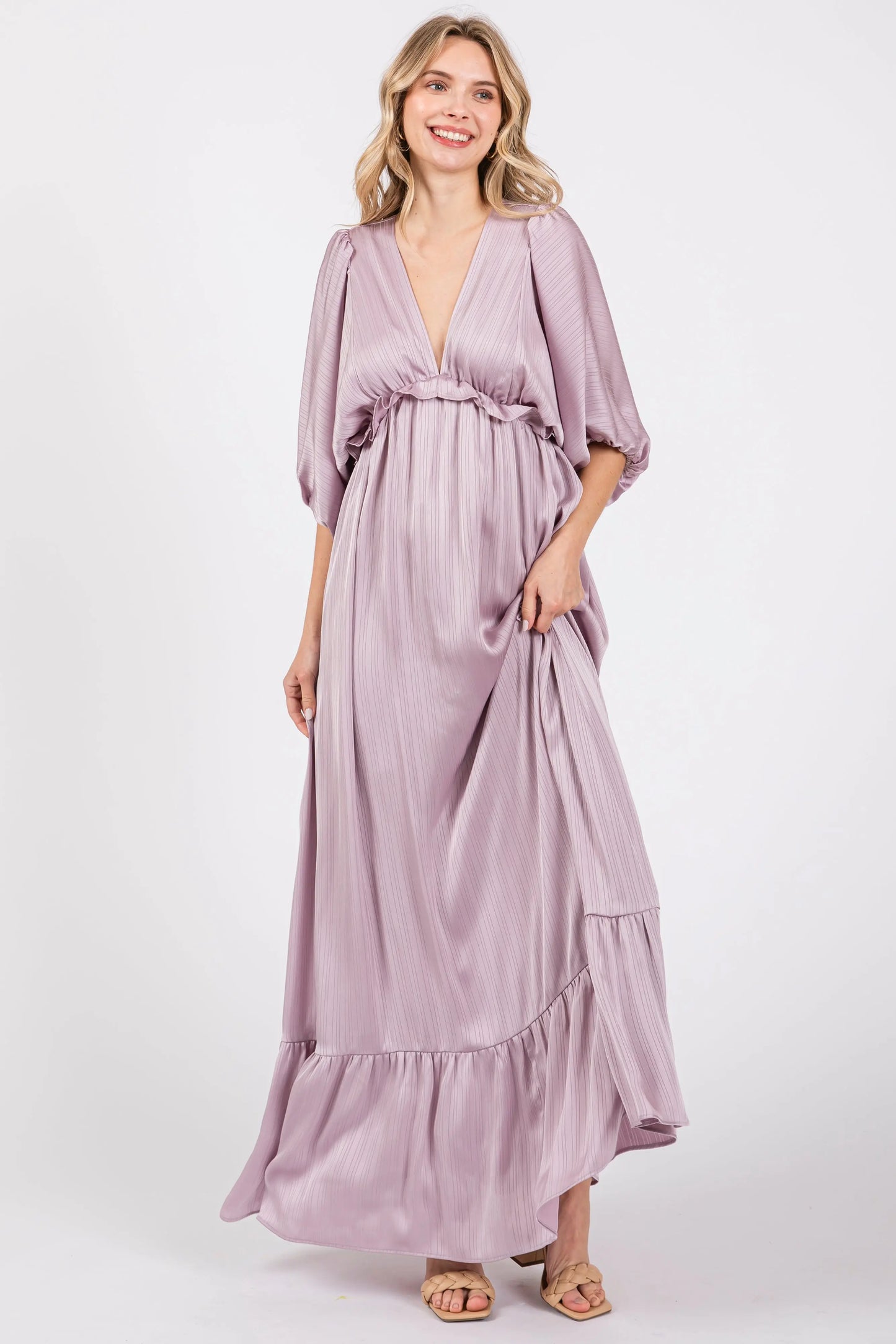 PinkBlush Elegant Lavender Striped Maxi Dress with Ruffle Accents for Modern Women - Apparel & Accessories > Clothing > Dresses