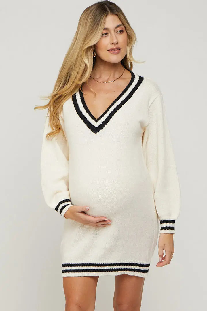 Ivory Oversized Varsity Striped V Neck Maternity Sweater Dress PinkBlush