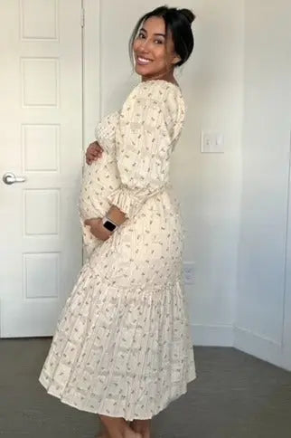 Beige Floral Square Neck Smocked Fringe Maternity Midi Dress PinkBlush