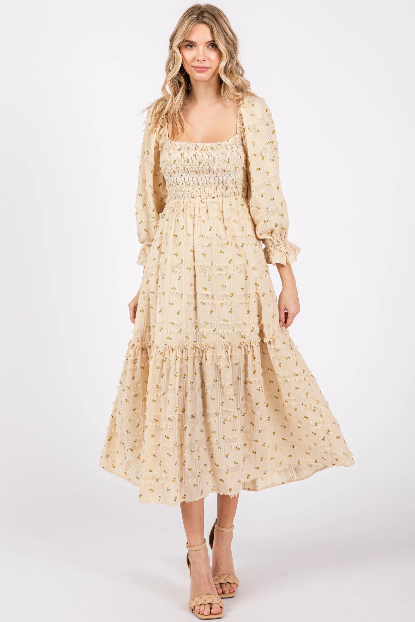 Beige Floral Square Neck Smocked Fringe Maternity Midi Dress PinkBlush