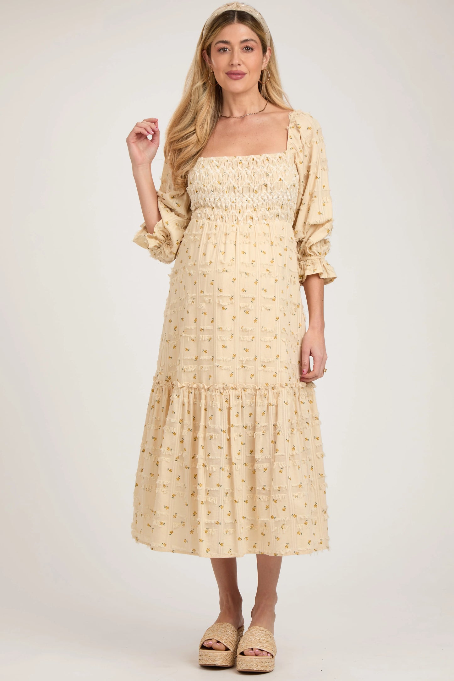 Beige Floral Square Neck Smocked Fringe Maternity Midi Dress PinkBlush