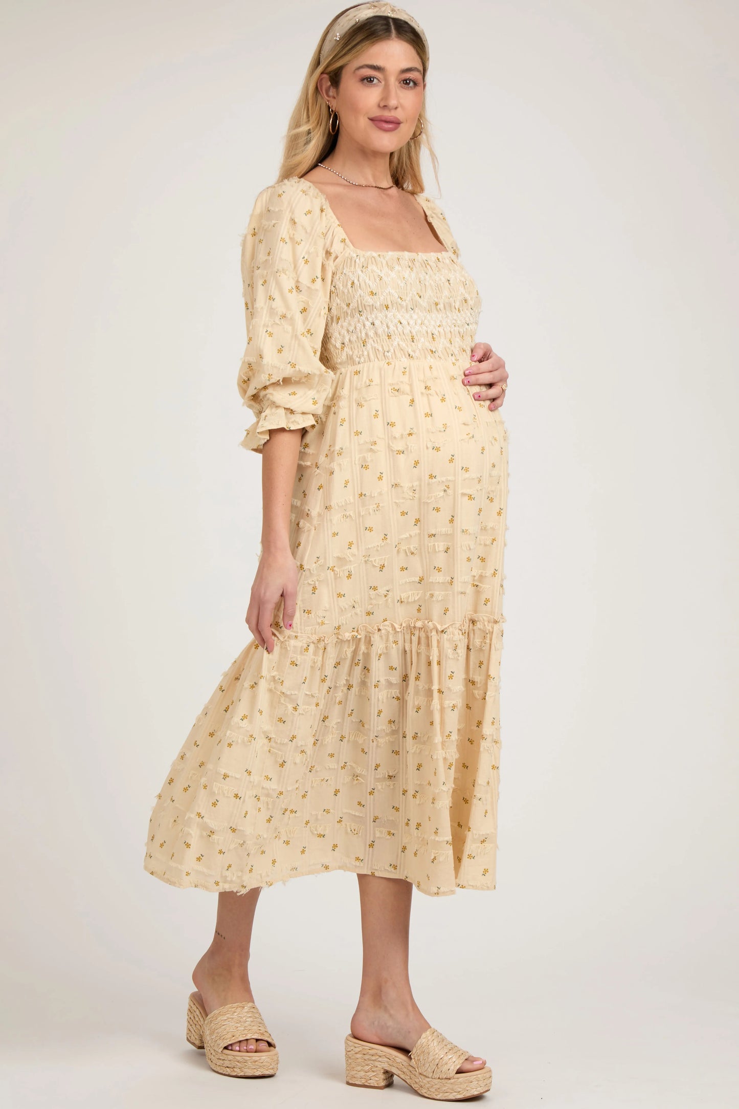 Beige Floral Square Neck Smocked Fringe Maternity Midi Dress PinkBlush