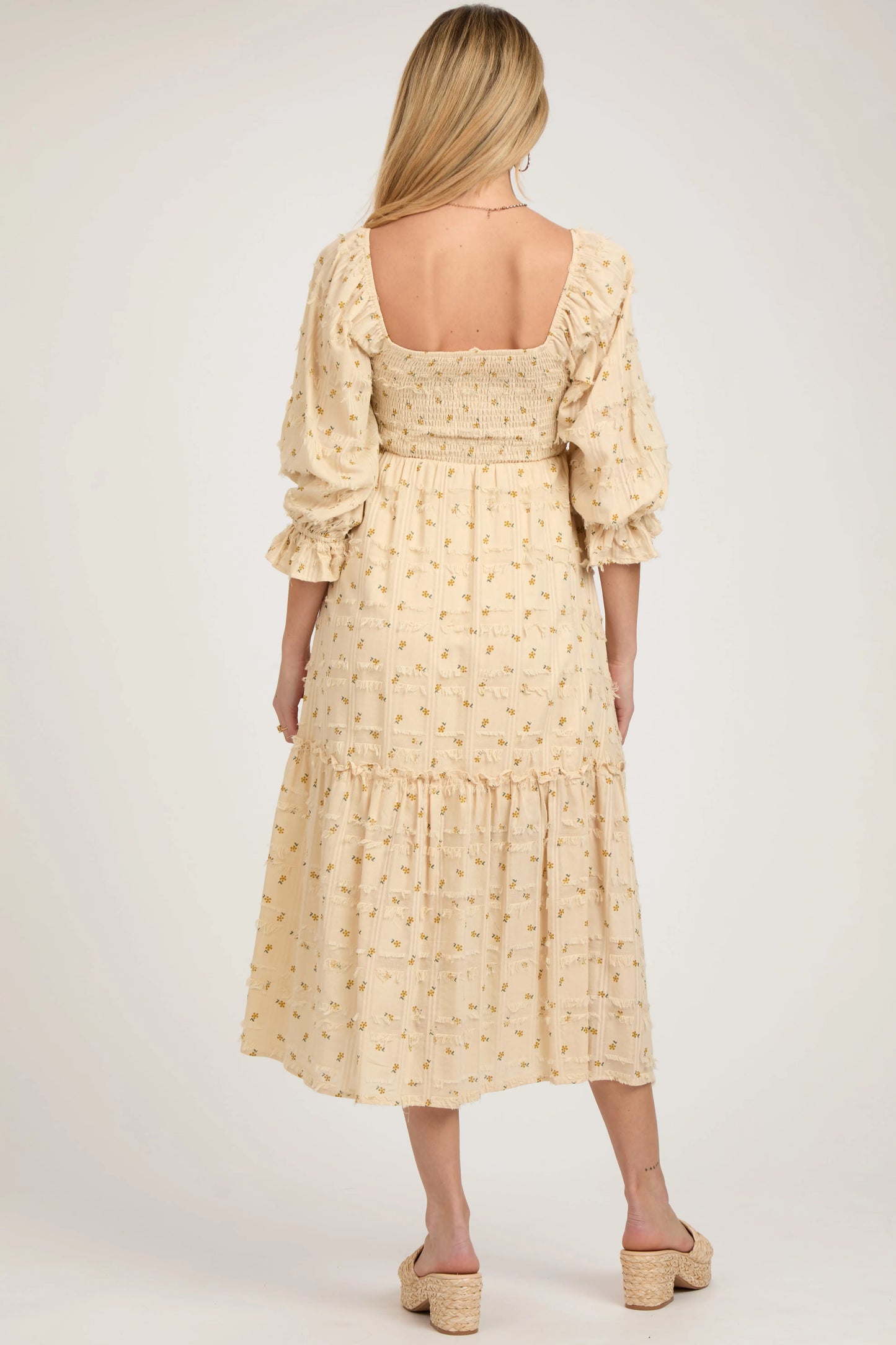 Beige Floral Square Neck Smocked Fringe Maternity Midi Dress PinkBlush