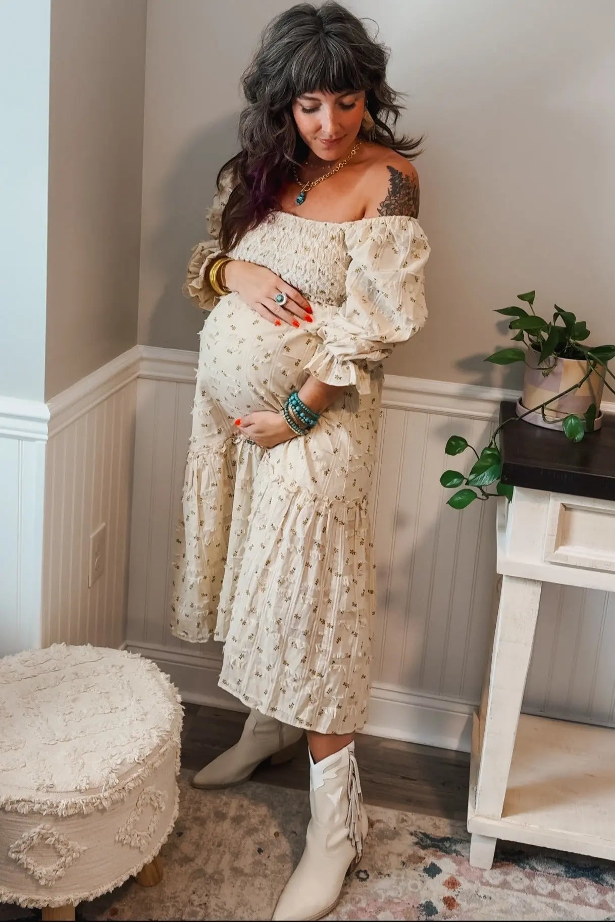 Beige Floral Square Neck Smocked Fringe Maternity Midi Dress PinkBlush