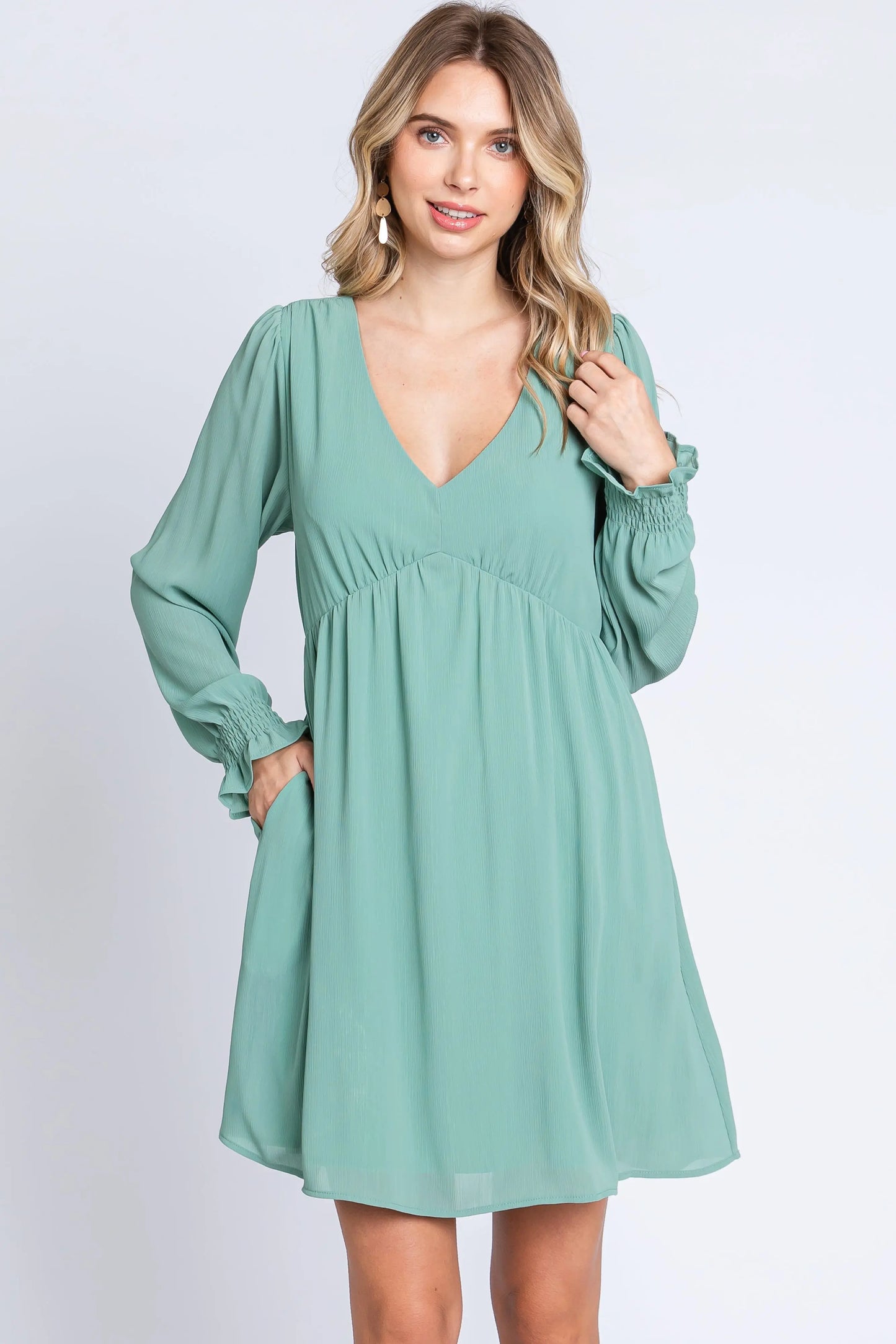 Mint Green V Neck Long Sleeve Maternity Dress for Expecting Mothers PinkBlush