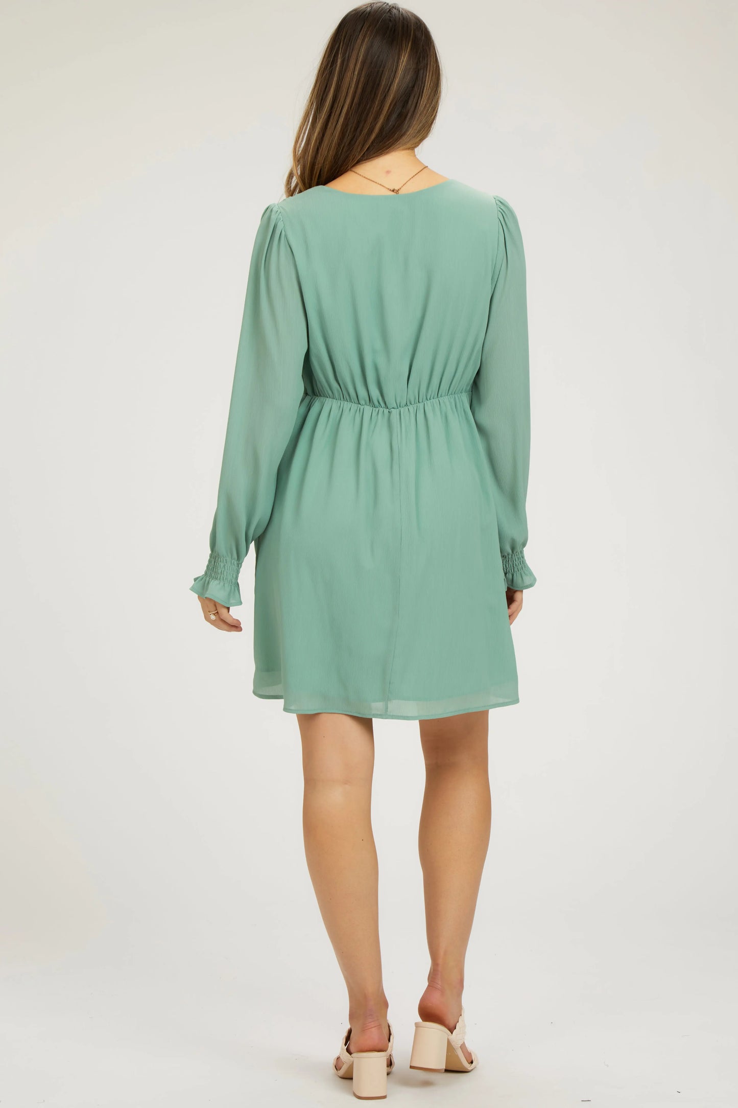 Mint Green V Neck Long Sleeve Maternity Dress for Expecting Mothers PinkBlush