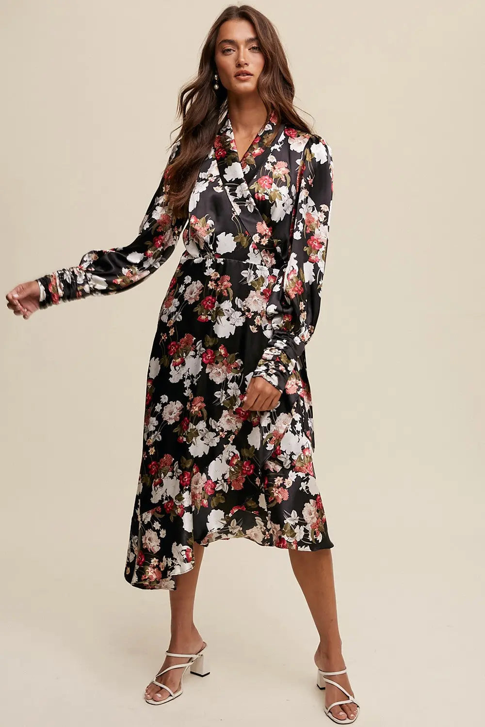 PinkBlush Elegant Satin Wrap Midi Dress with Floral Print for Stylish Women - Apparel & Accessories > Clothing > Dresses