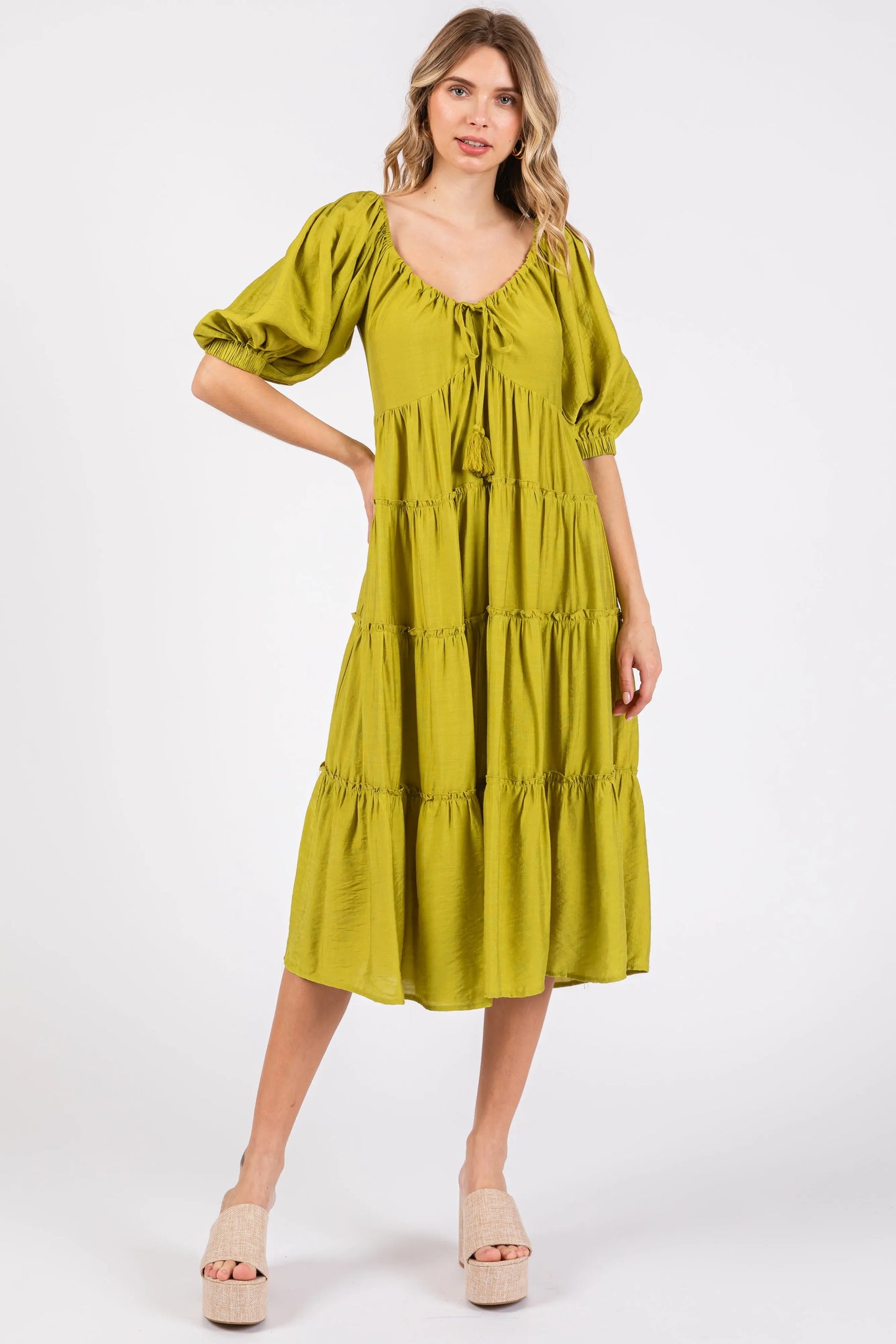 Lime Tiered Midi Dress With Short Sleeves And Self Tie Neck PinkBlush