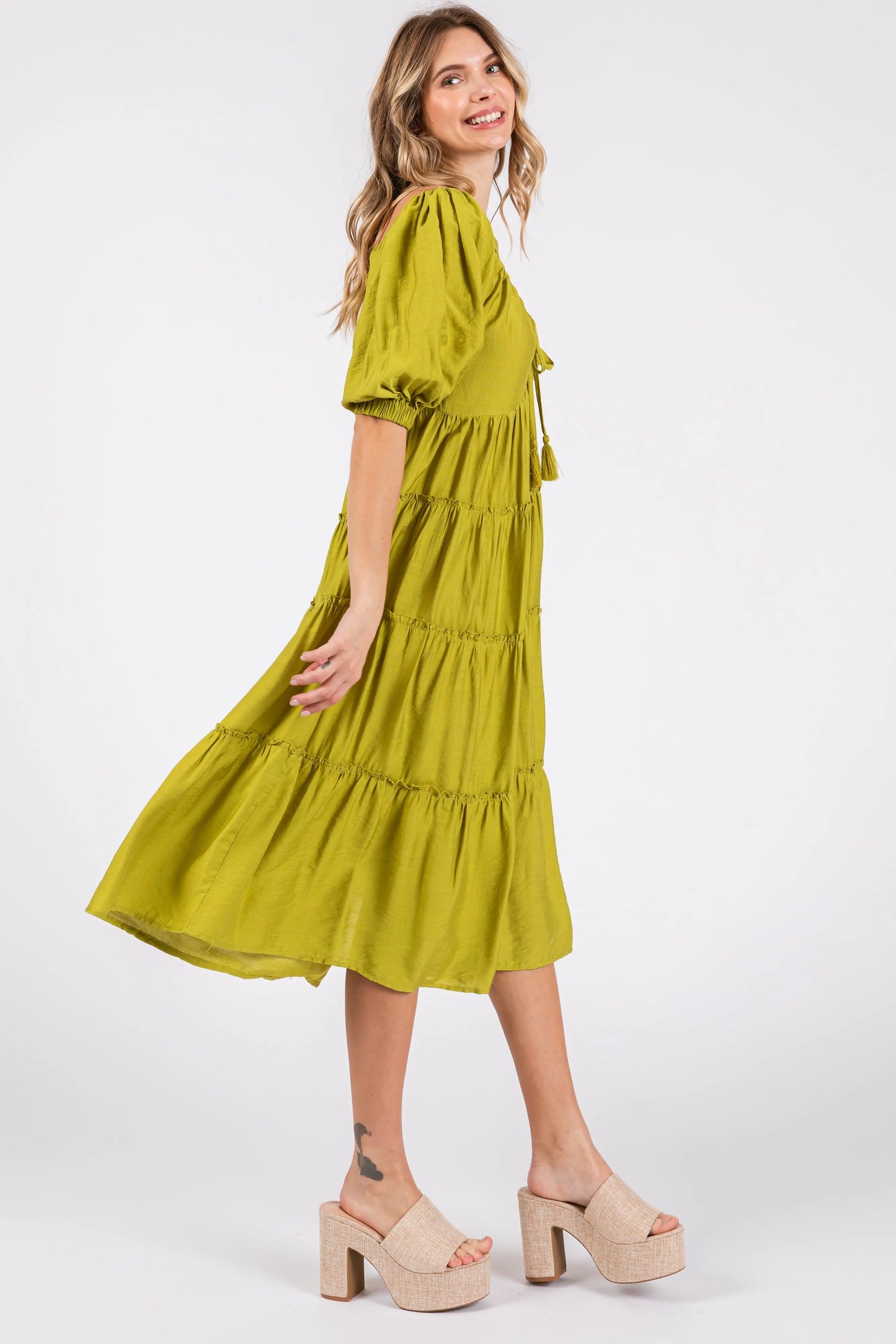 Lime Tiered Midi Dress With Short Sleeves And Self Tie Neck PinkBlush