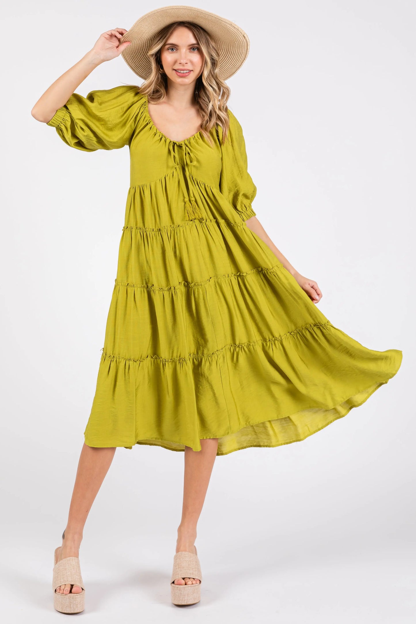 Lime Tiered Midi Dress With Short Sleeves And Self Tie Neck PinkBlush
