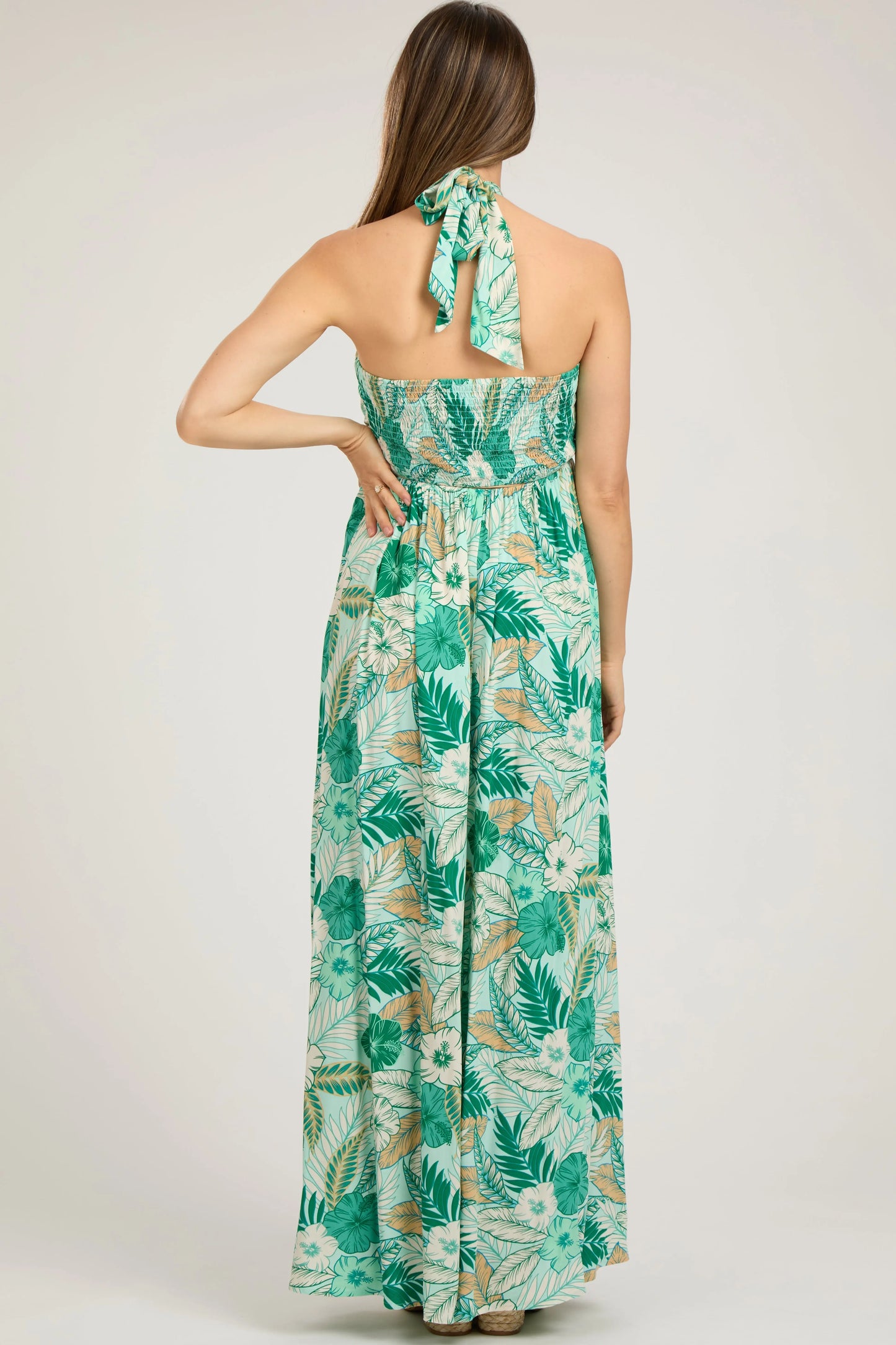 Light Blue Tropical Print Cutout Halter Neck Maternity Maxi Dress PinkBlush