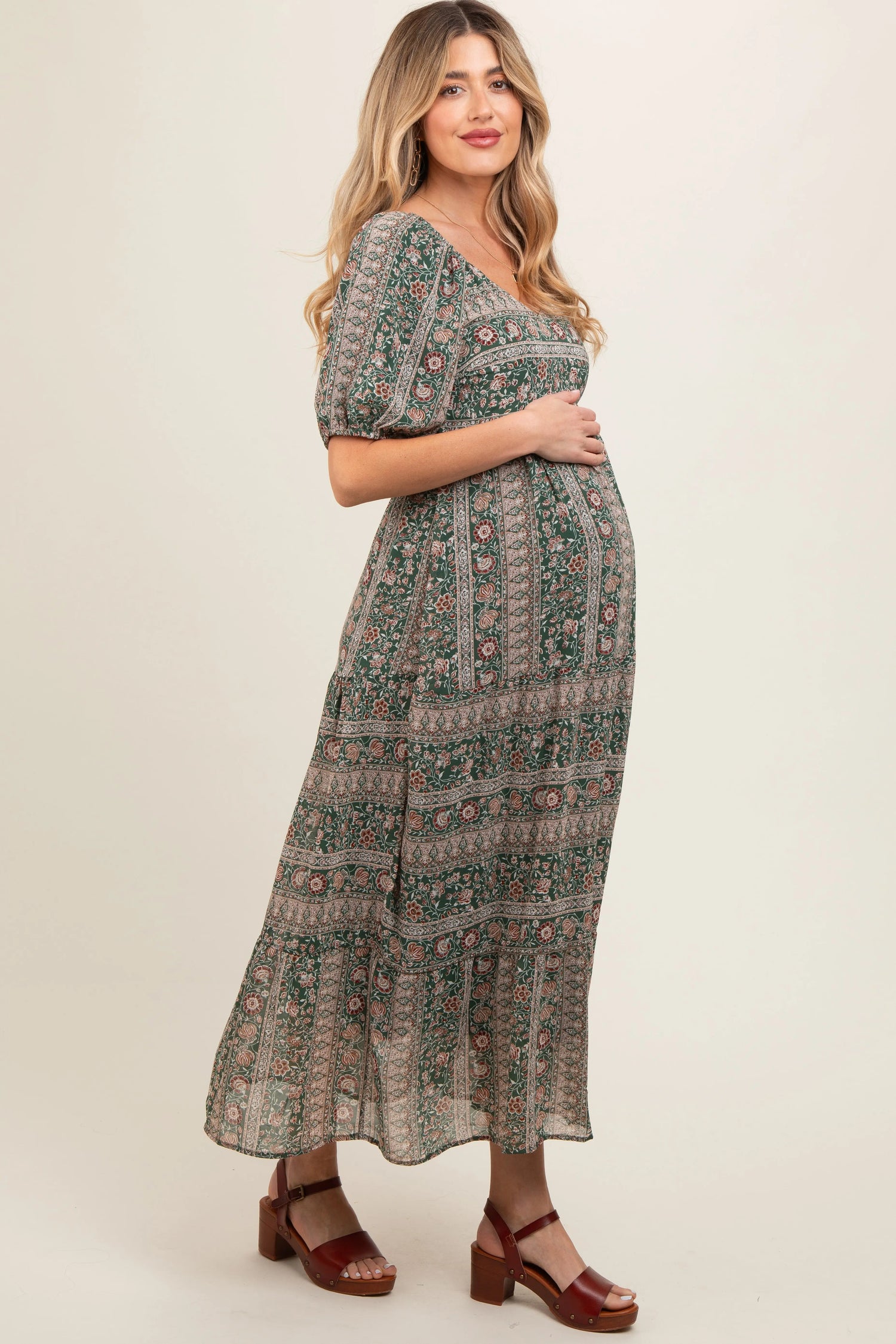 PinkBlush Elegant Maternity Maxi Dress with V Neck and Three Quarter Sleeves for Expecting Mothers - Apparel & Accessories > Clothing > Dresses