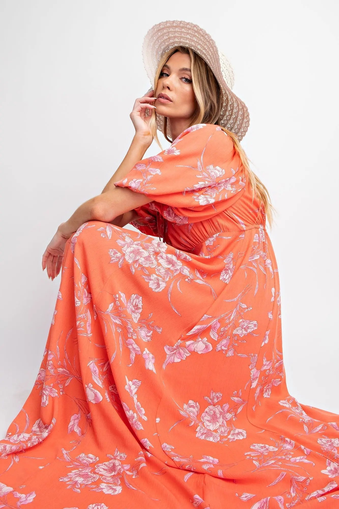 PinkBlush PinkBlush Orange Floral Puff Sleeve Maternity Maxi Dress for Expecting Mothers - Apparel & Accessories > Clothing > Dresses