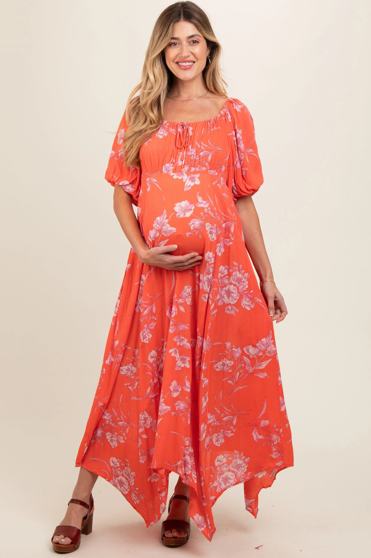 PinkBlush PinkBlush Orange Floral Puff Sleeve Maternity Maxi Dress for Expecting Mothers - Apparel & Accessories > Clothing > Dresses
