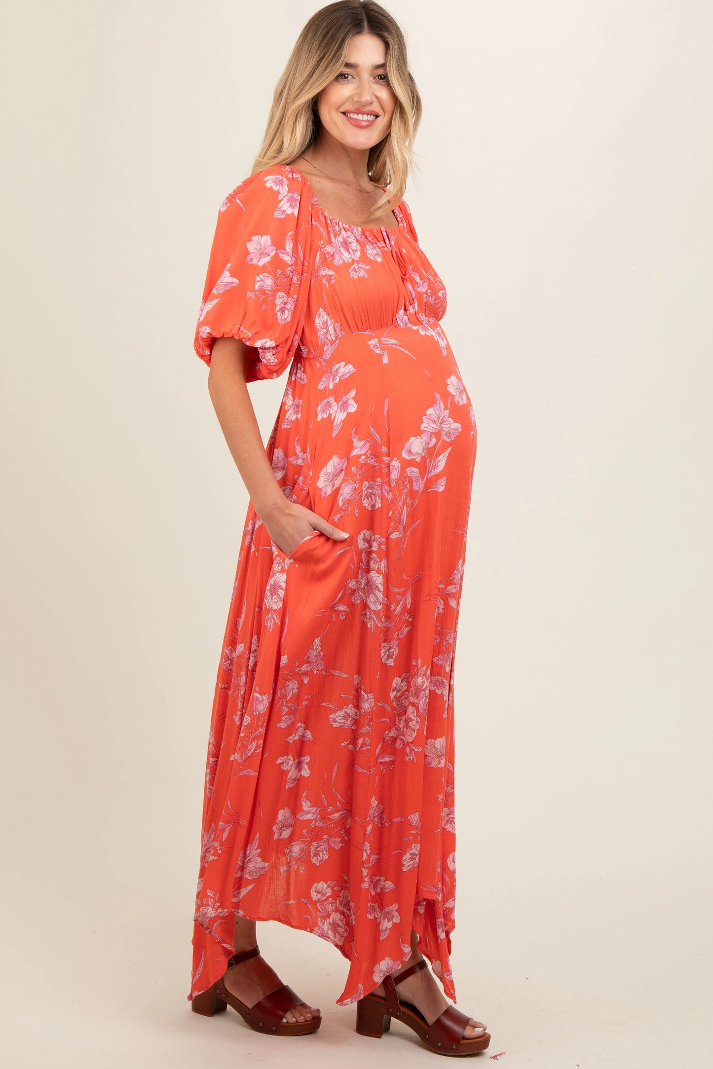 PinkBlush PinkBlush Orange Floral Puff Sleeve Maternity Maxi Dress for Expecting Mothers - Apparel & Accessories > Clothing > Dresses
