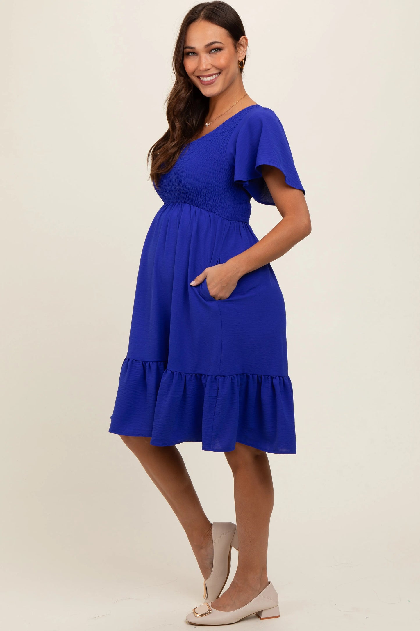 Royal Blue Smocked Ruffle Hem Maternity Dress with Flutter Sleeves and Pockets PinkBlush