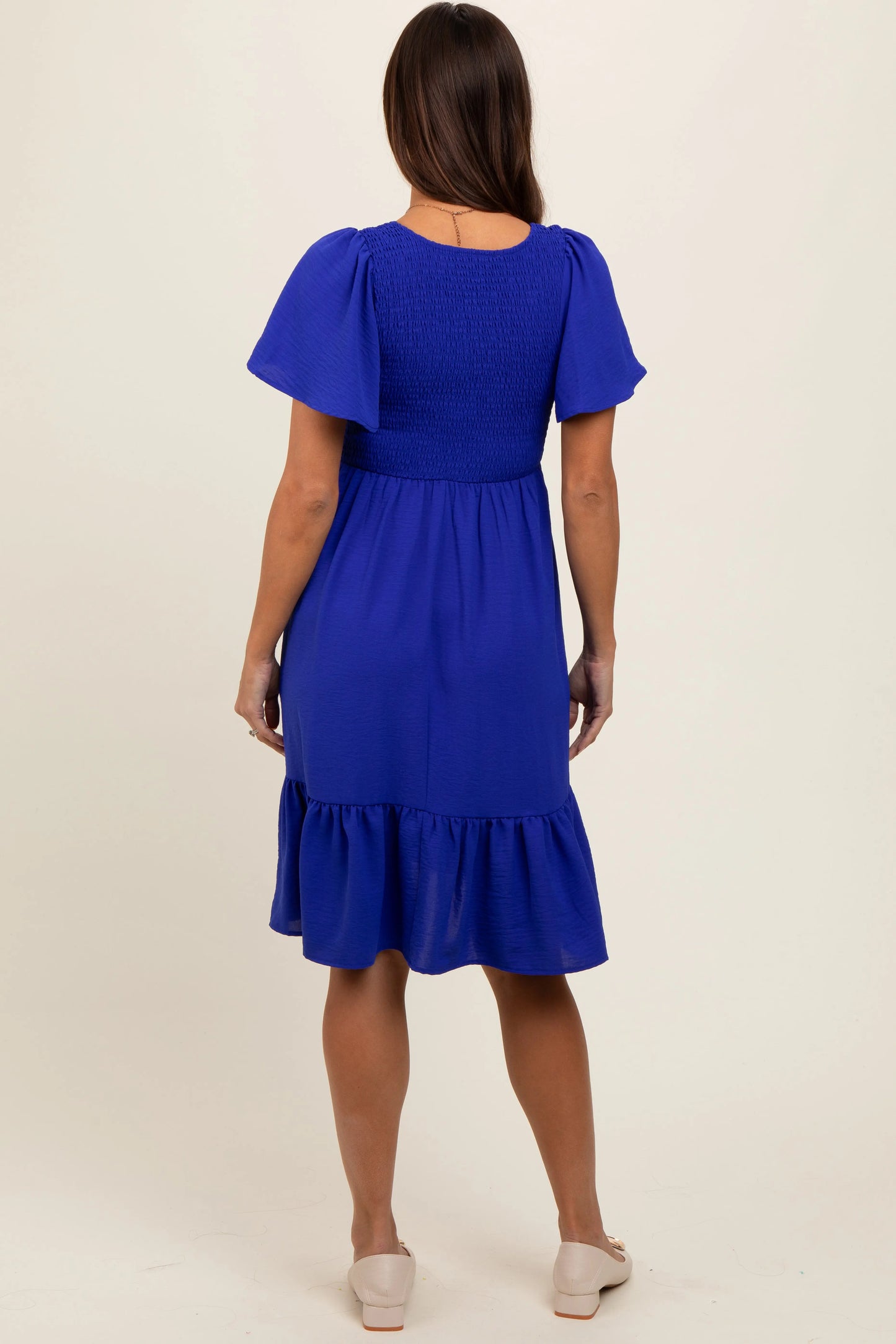 Royal Blue Smocked Ruffle Hem Maternity Dress with Flutter Sleeves and Pockets PinkBlush