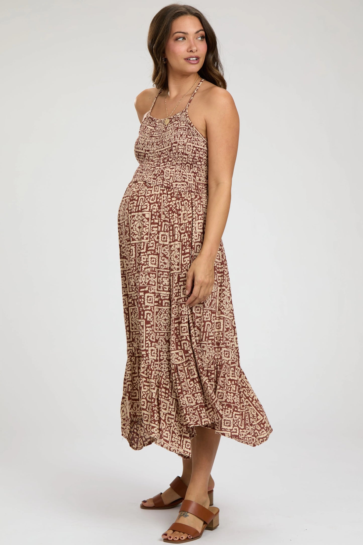 Brown Print Smocked Sleeveless Maternity Midi Dress PinkBlush
