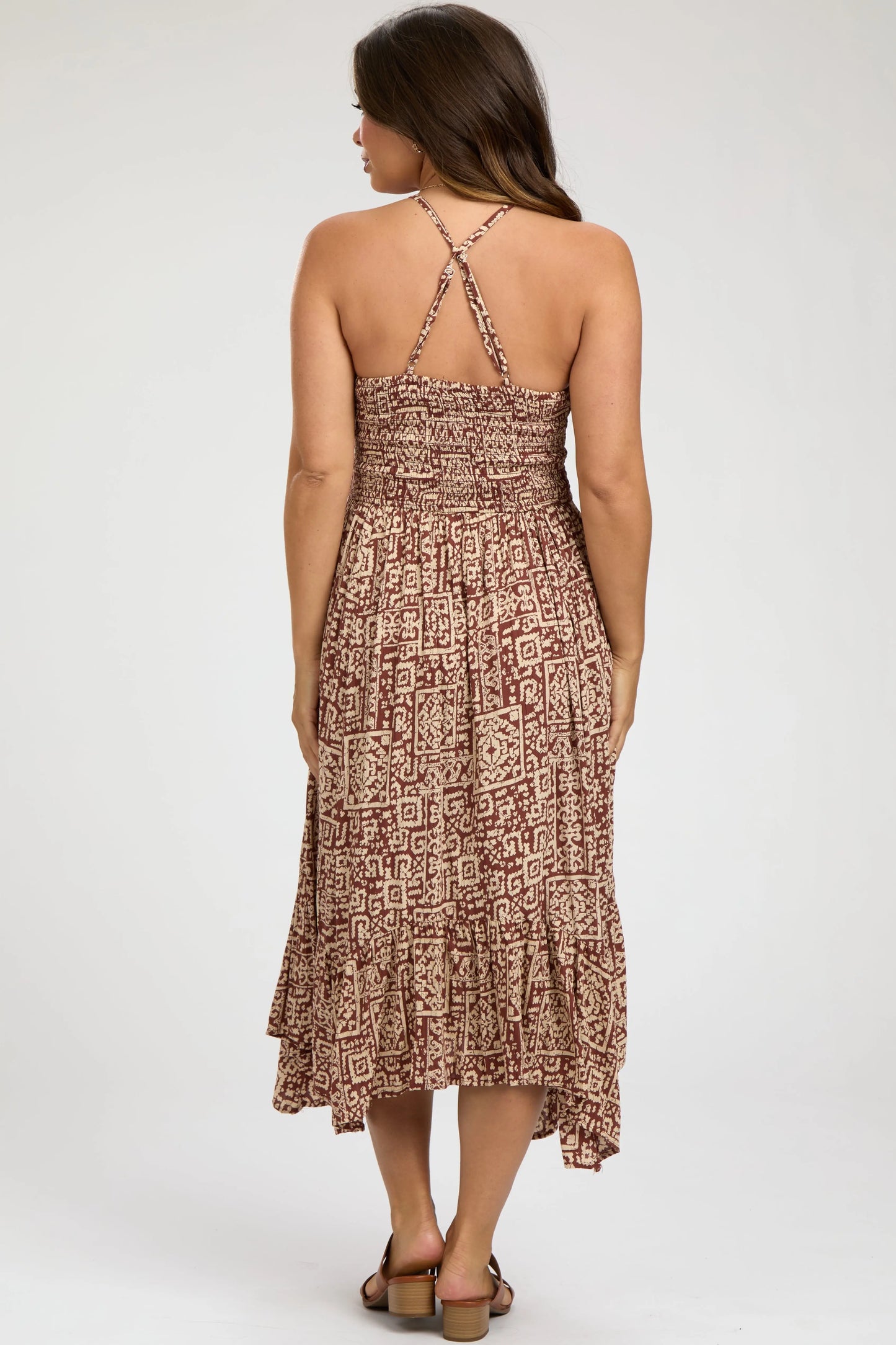 Brown Print Smocked Sleeveless Maternity Midi Dress PinkBlush