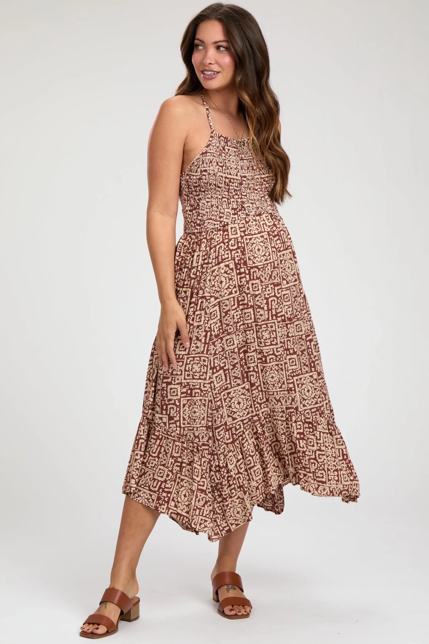 Brown Print Smocked Sleeveless Maternity Midi Dress PinkBlush