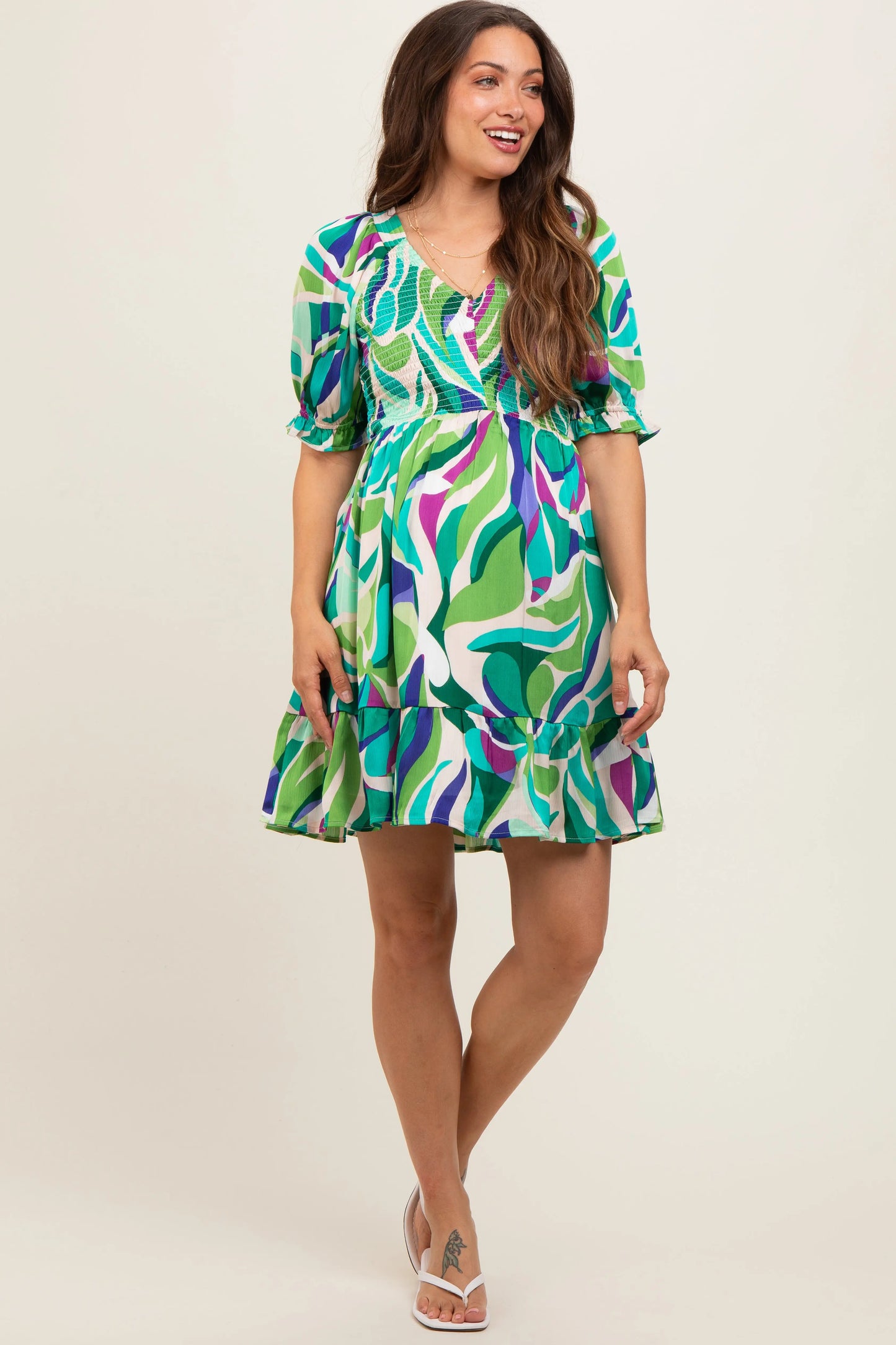Emerald Green Abstract Print Smocked Maternity Dress with Puff Sleeves and Ruffle Hem PinkBlush