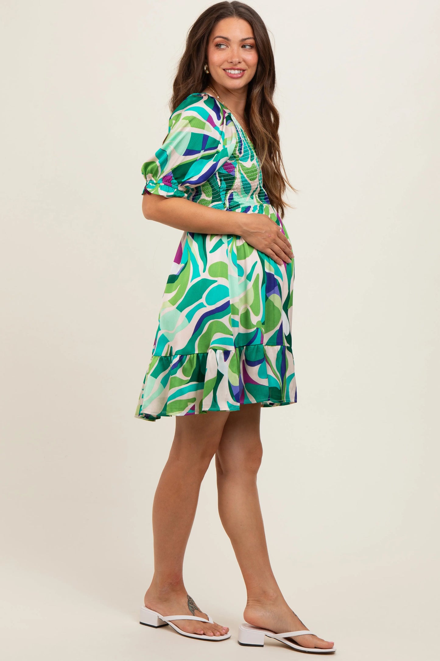 Emerald Green Abstract Print Smocked Maternity Dress with Puff Sleeves and Ruffle Hem PinkBlush