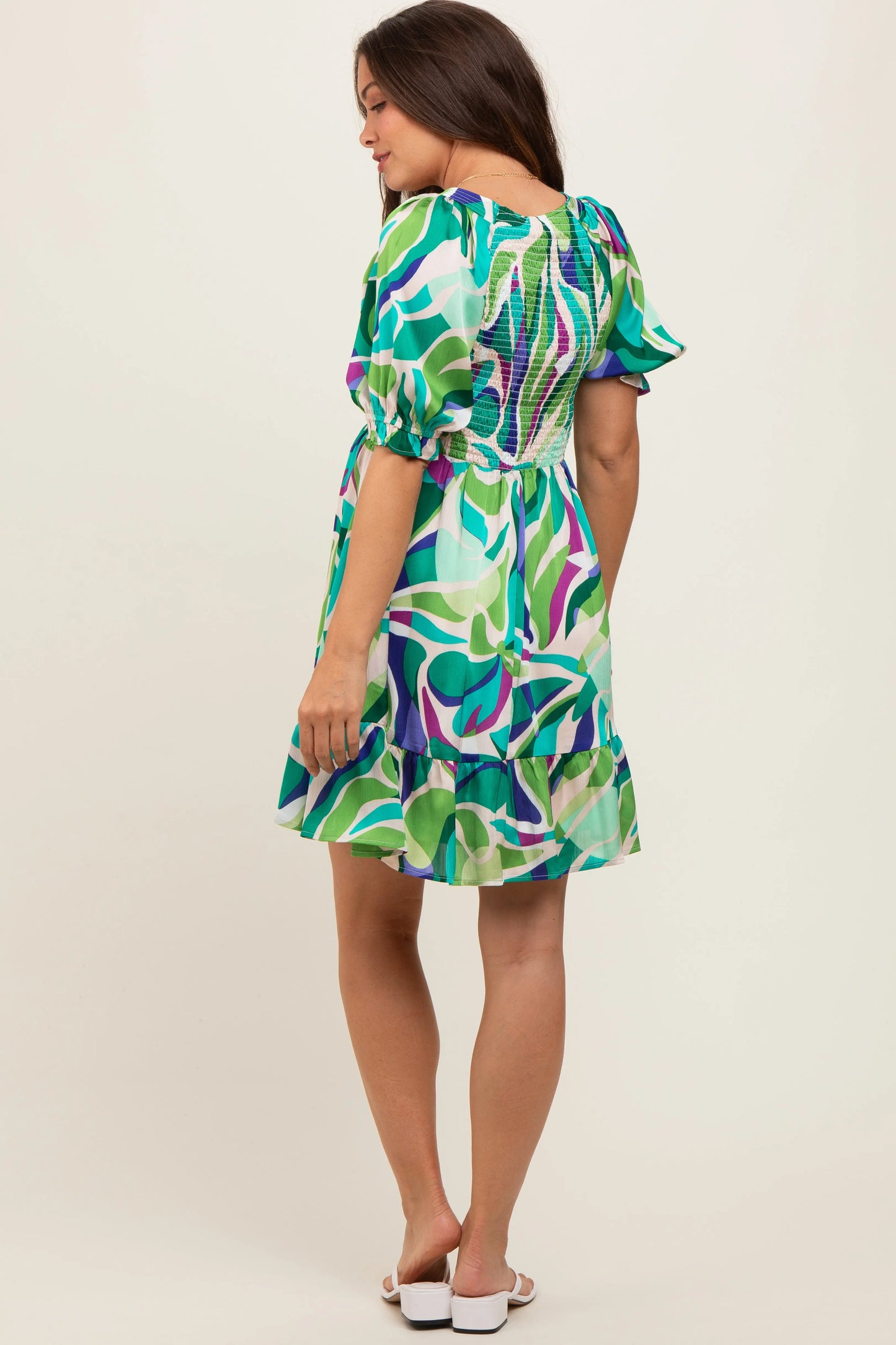 Emerald Green Abstract Print Smocked Maternity Dress with Puff Sleeves and Ruffle Hem PinkBlush