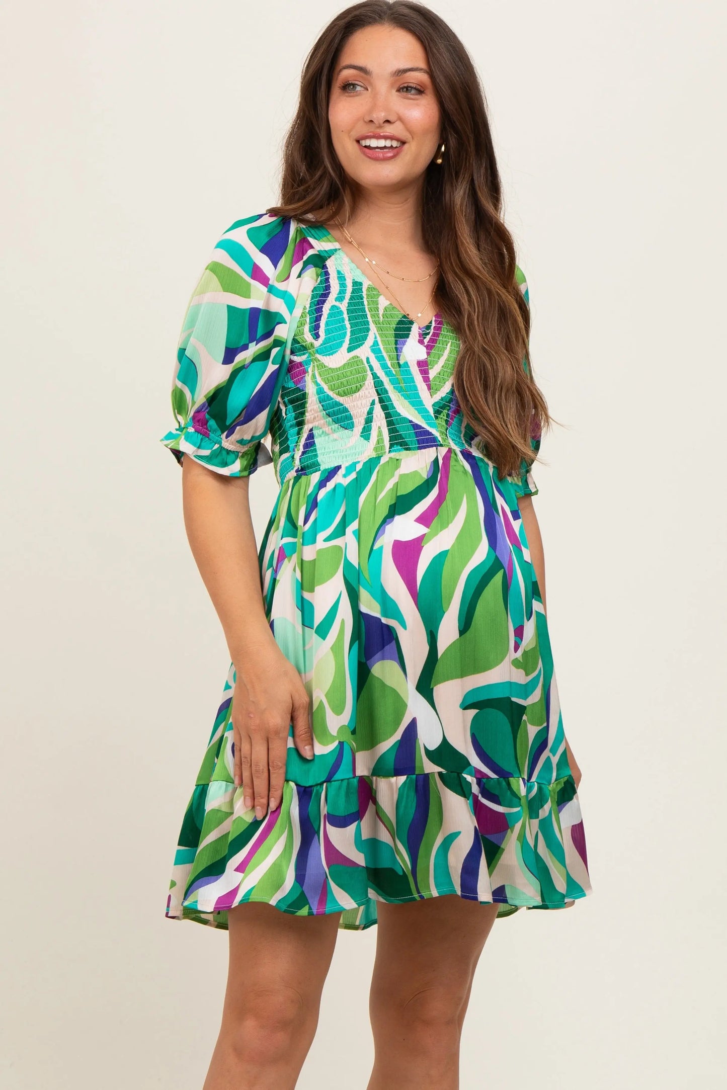 Emerald Green Abstract Print Smocked Maternity Dress with Puff Sleeves and Ruffle Hem PinkBlush