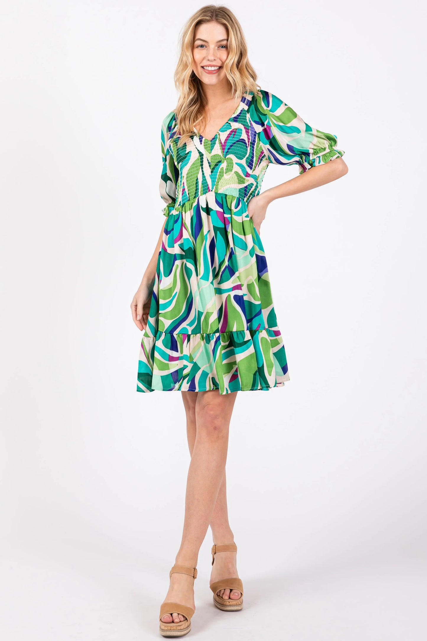 Emerald Green Abstract Print Smocked Maternity Dress with Puff Sleeves and Ruffle Hem PinkBlush