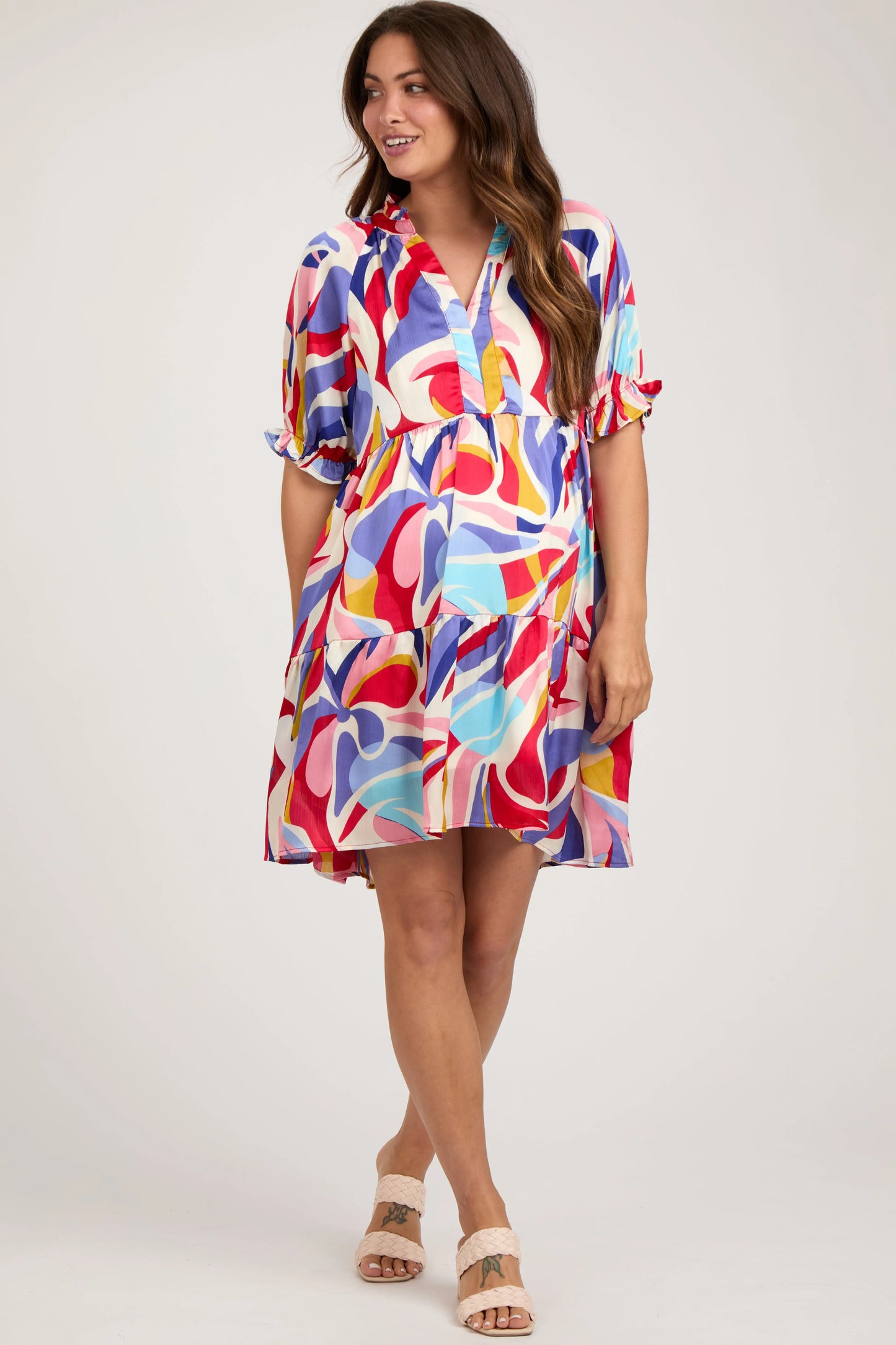 Red Multi Color Patterned Ruffle Tiered Maternity Dress PinkBlush