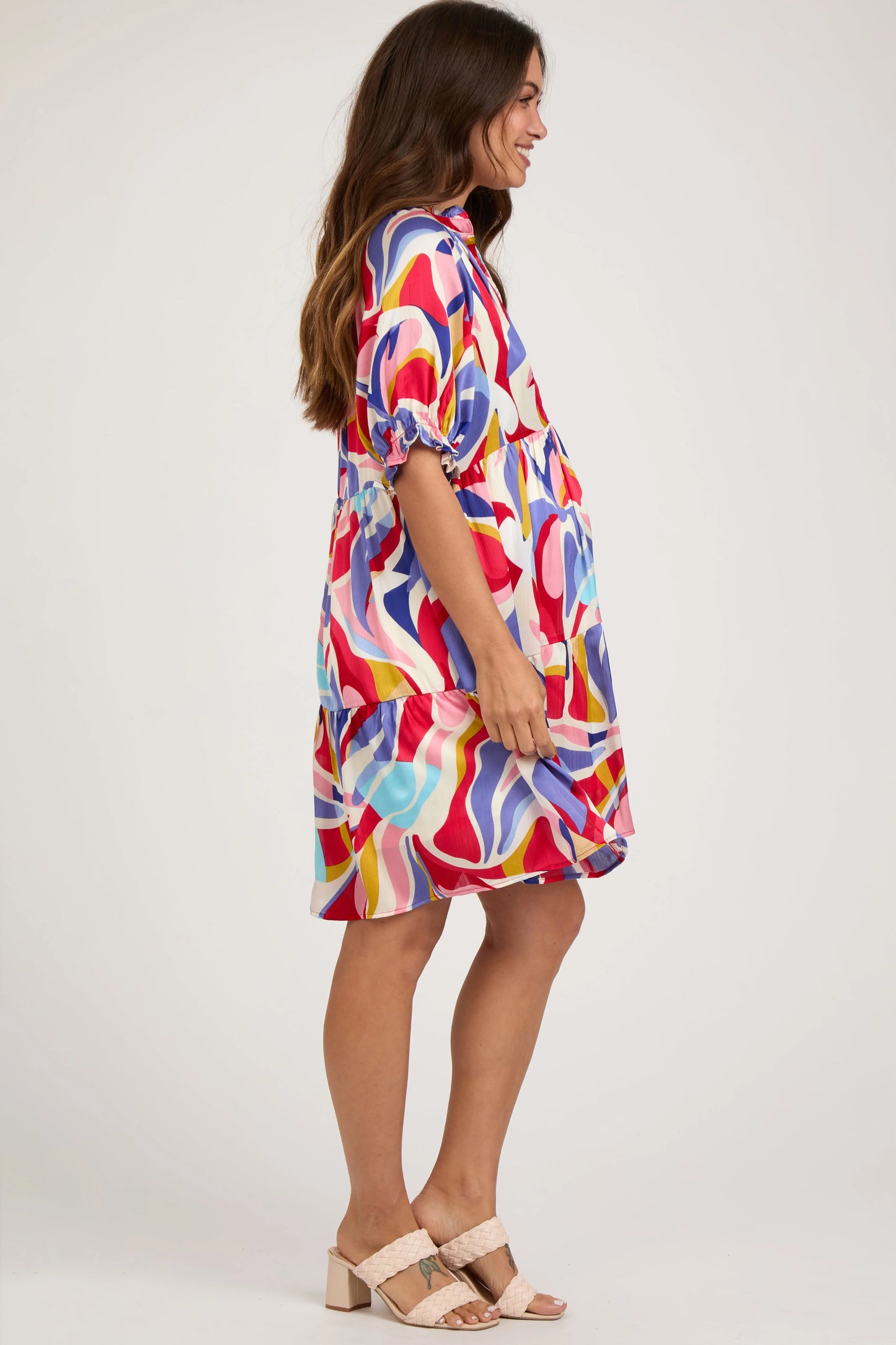 Red Multi Color Patterned Ruffle Tiered Maternity Dress PinkBlush