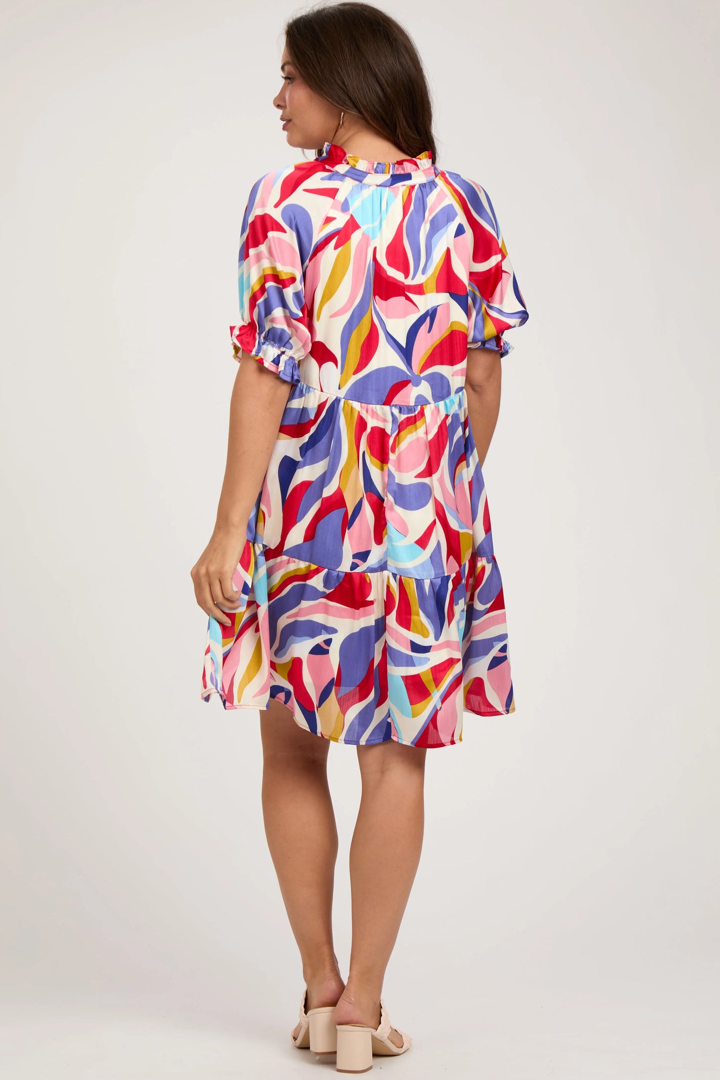 Red Multi Color Patterned Ruffle Tiered Maternity Dress PinkBlush