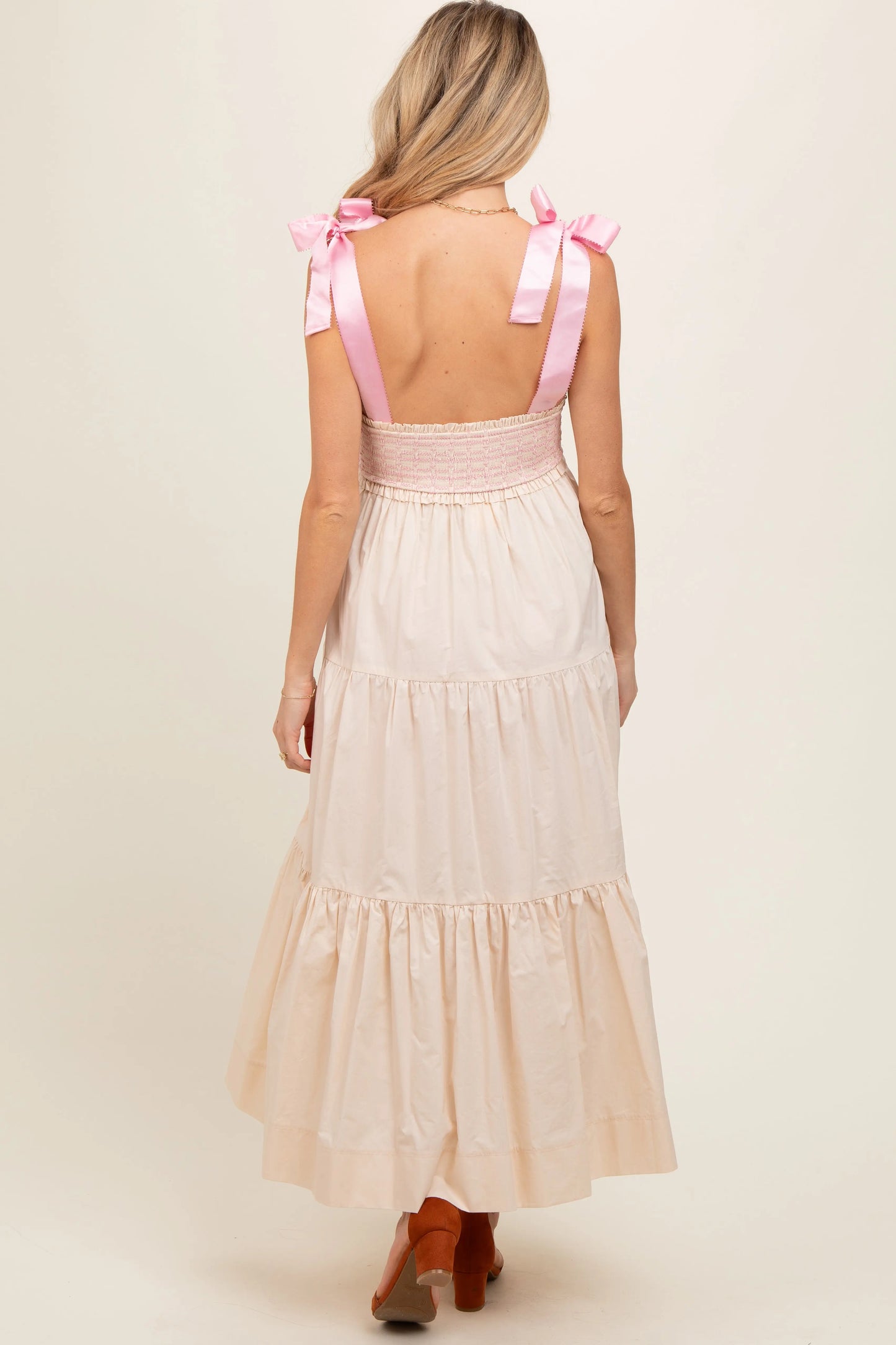 Cream Ribbon Strap Tiered Maternity Maxi Dress PinkBlush